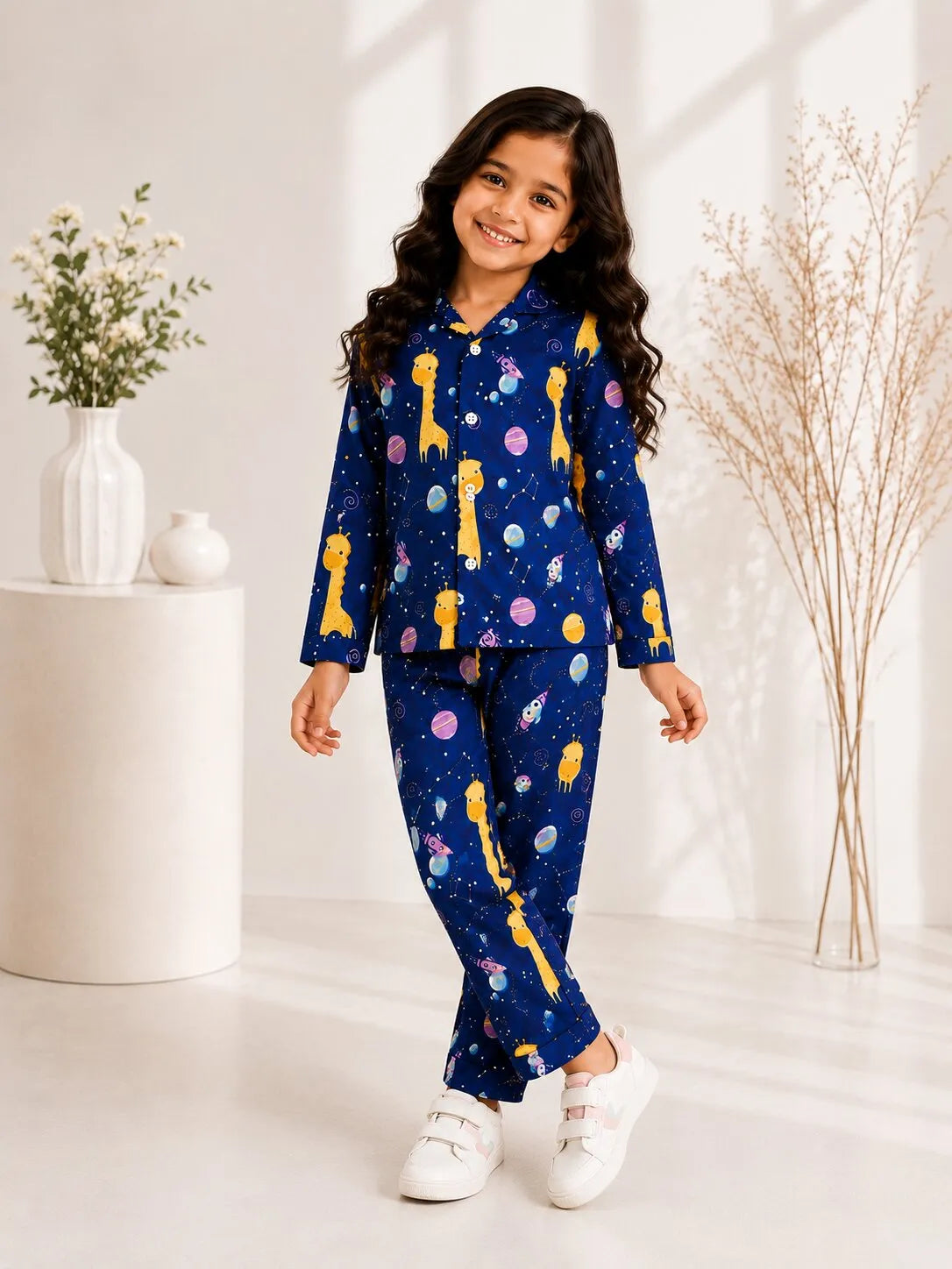 Kids Girls Navy Blue & Yellow Giraffes in Space Printed Night Suit