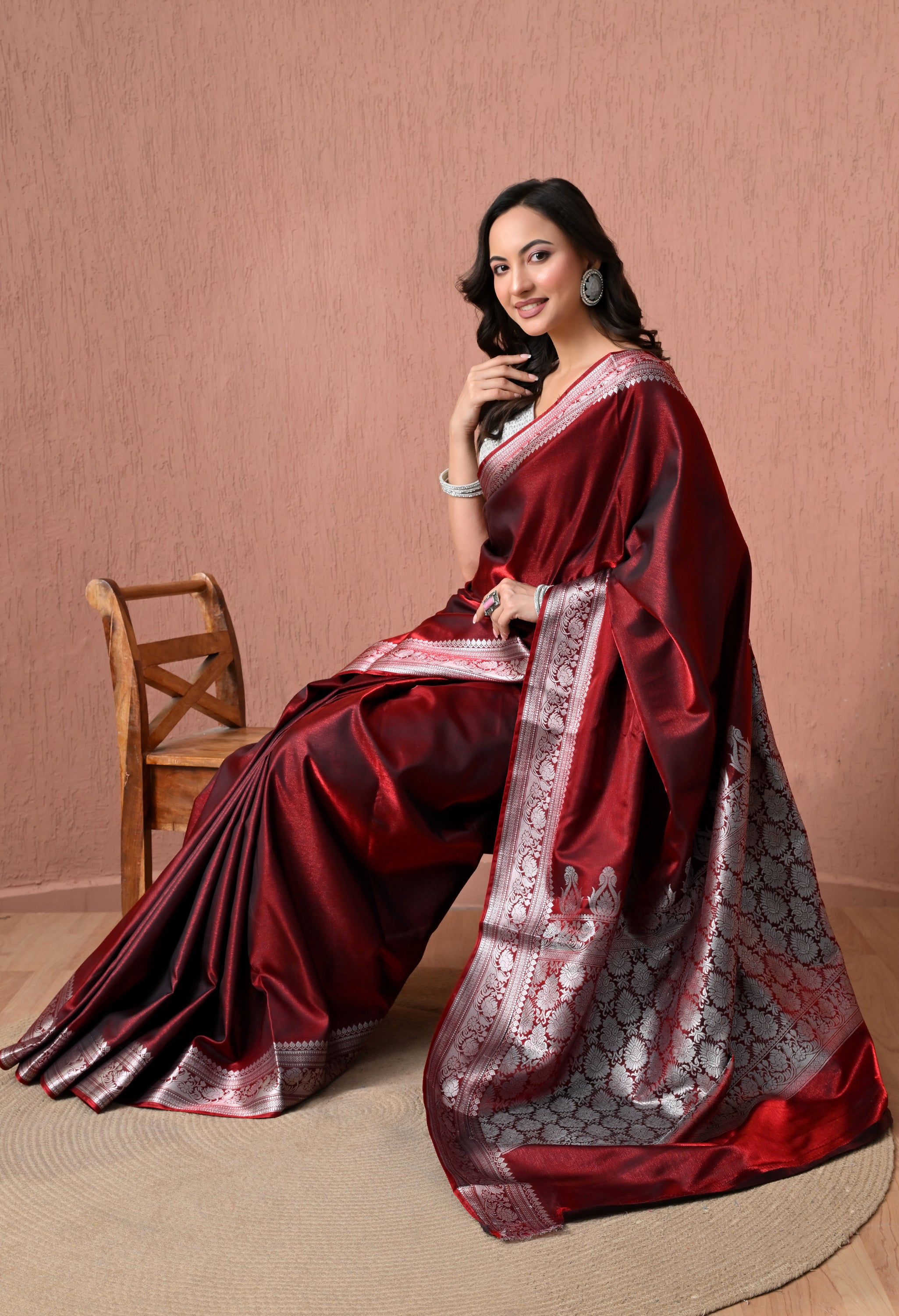 Maroon Pure Silk Banarasi Saree with Ornate Silver Zari Border