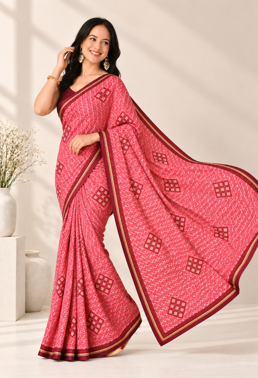 Elegant Red Chiffon Saree with Geometric Printed Design