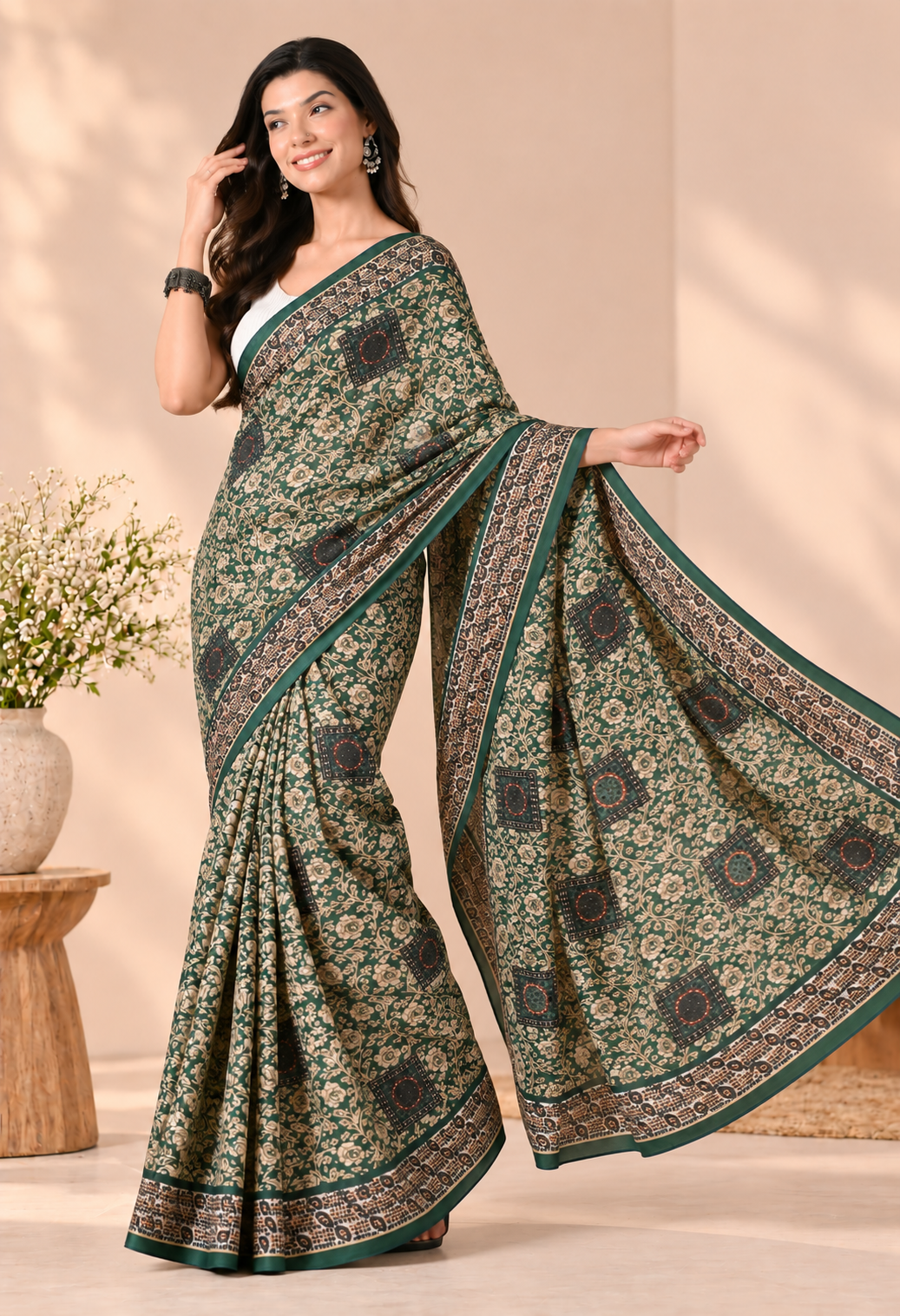 Elegant Green Chiffon Saree with Intricate Floral and Traditional Print