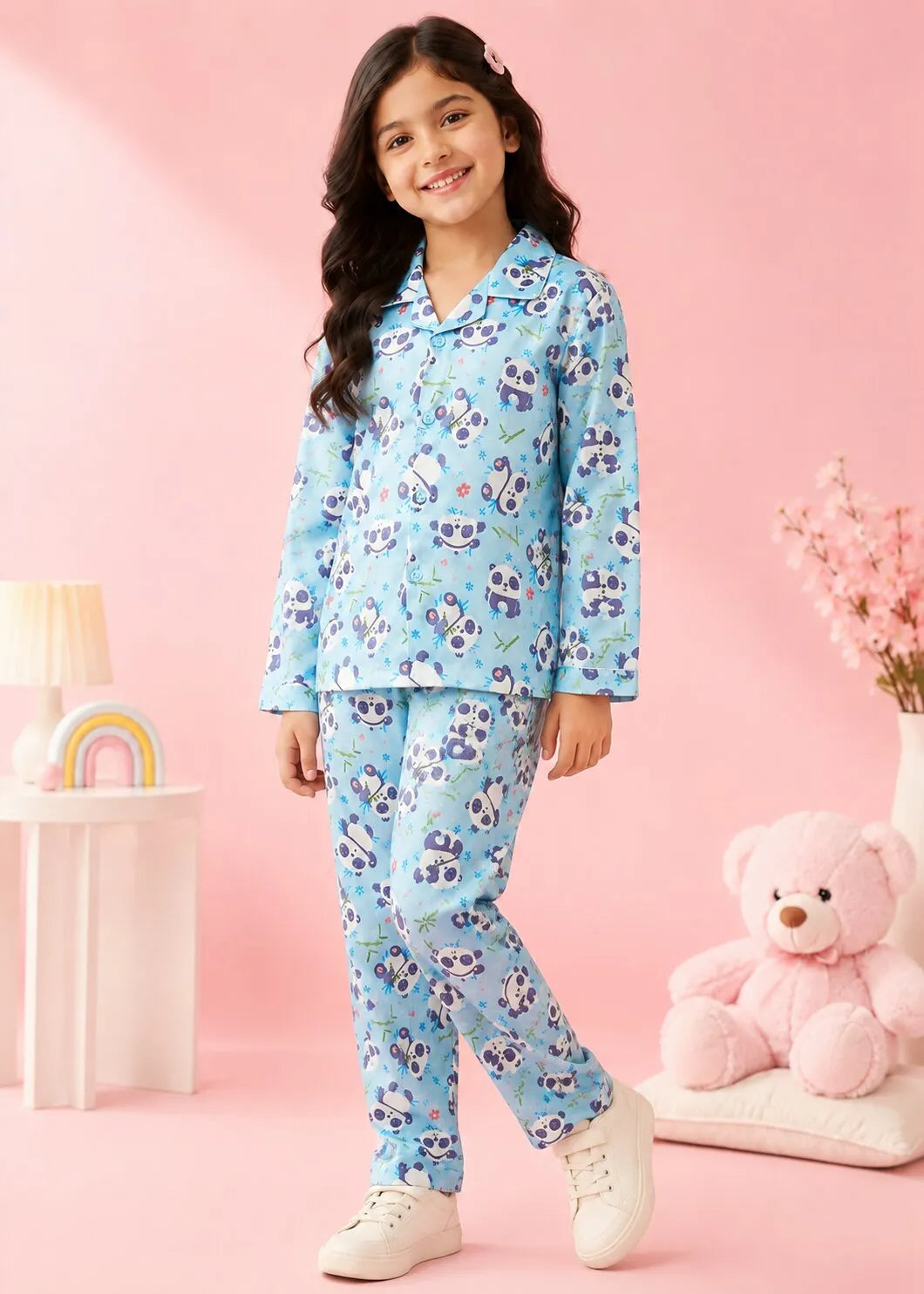 Girls Sky Blue & Purple Panda Printed Satin Nightsuit Set