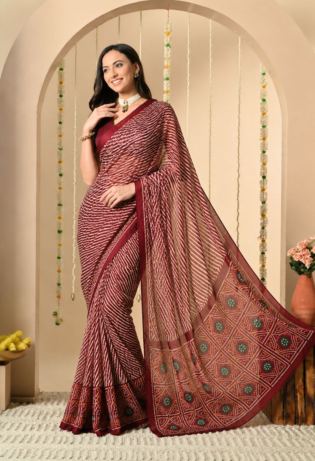 Women Maroon Printed Georgette Saree with Contrast Border