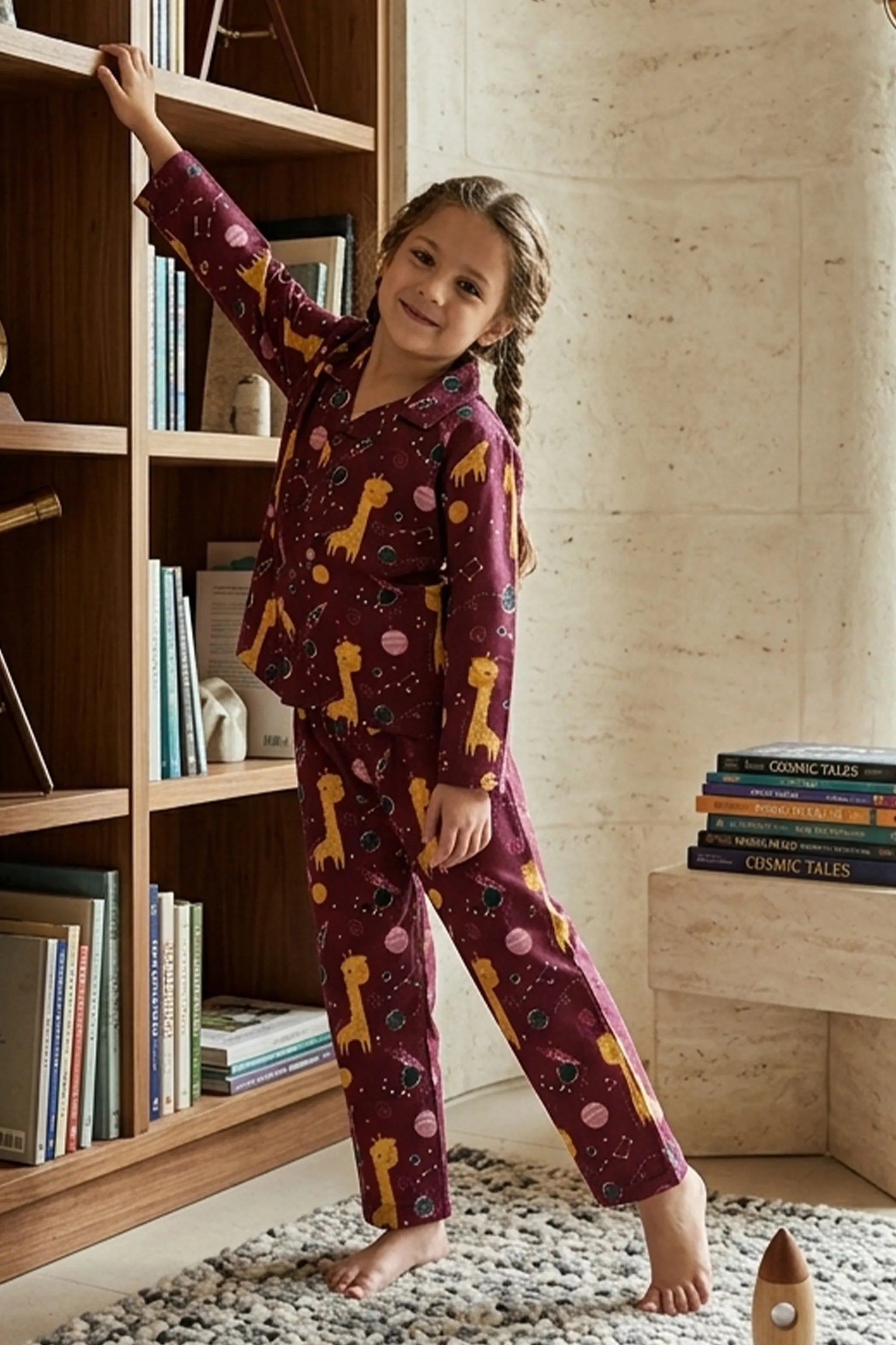 Kids Girls  Maroon & Yellow Printed Pure Cotton Night Suit