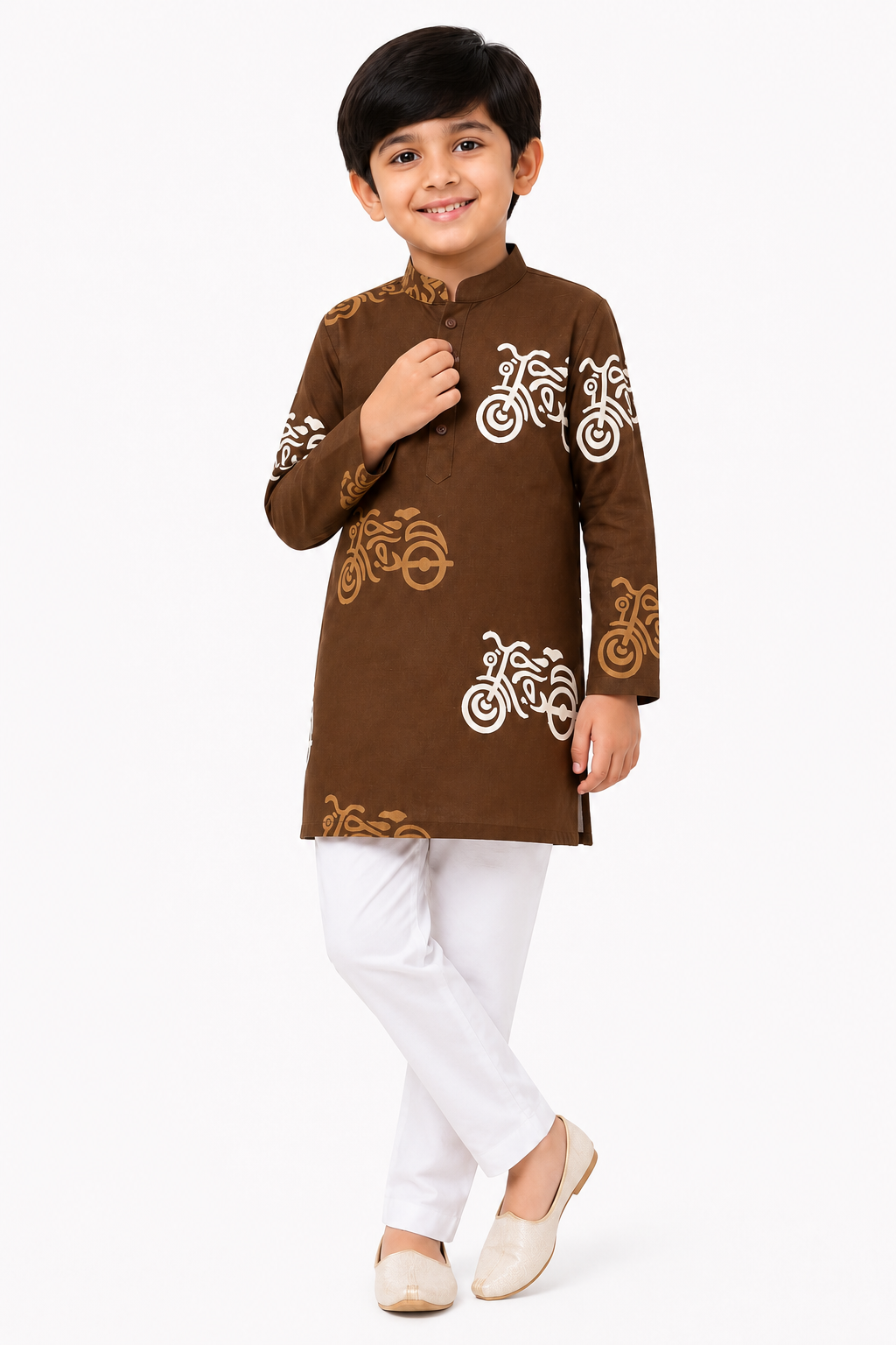 Boys Brown & White Quirky Auto-Rickshaw Printed Pure Cotton Kurta with Pyjamas