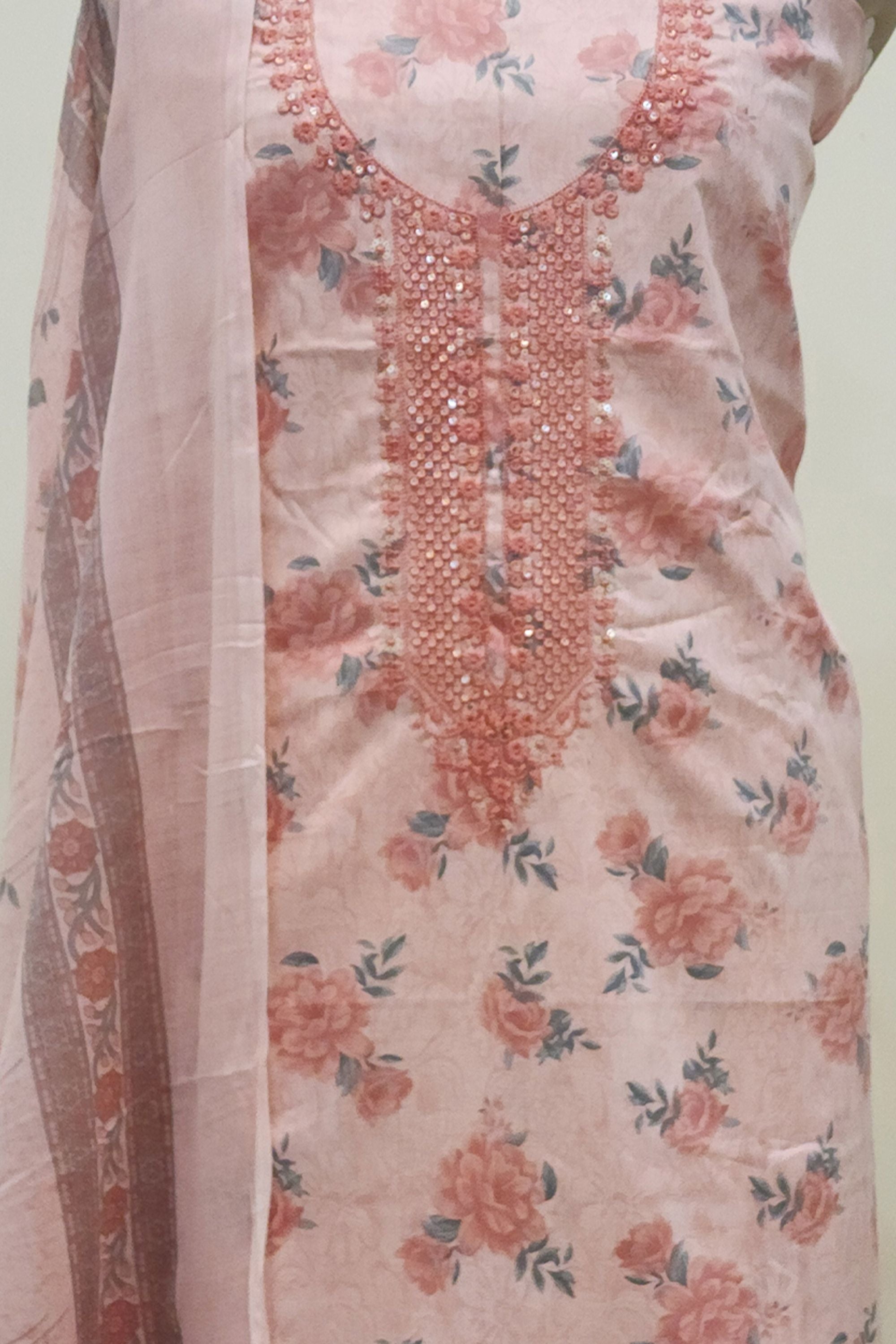 Women's Pure Cotton Peach Floral Print Unstitched Suit Set