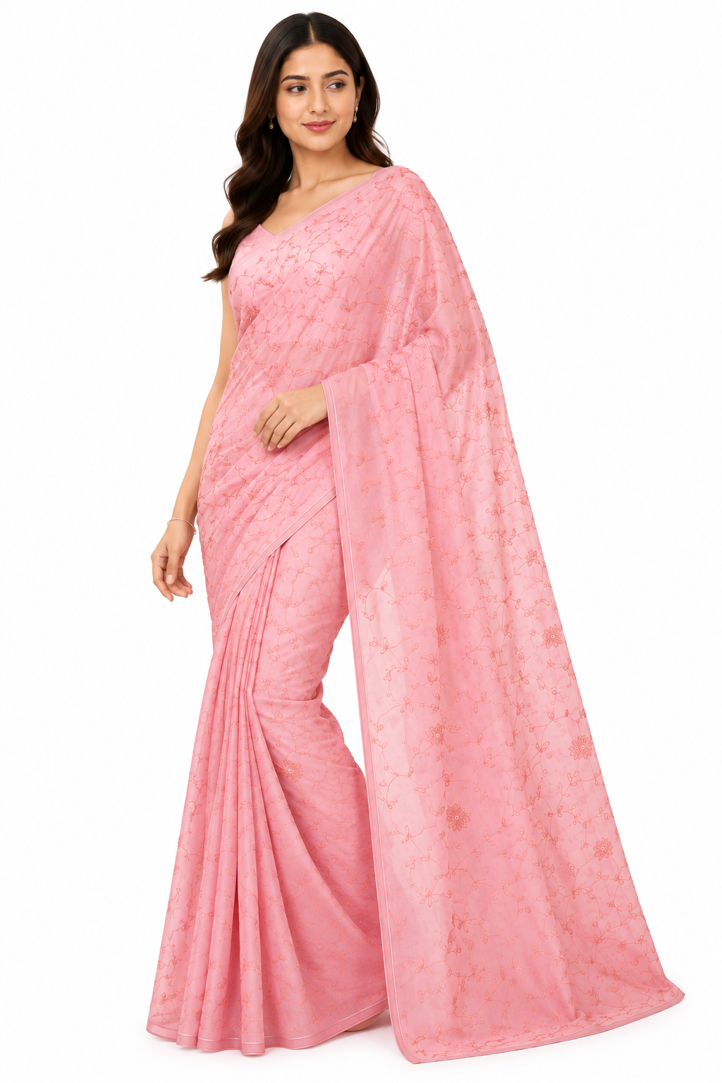 Pink Pure Chinon Chiffon Saree with Hand-Embroidery Work