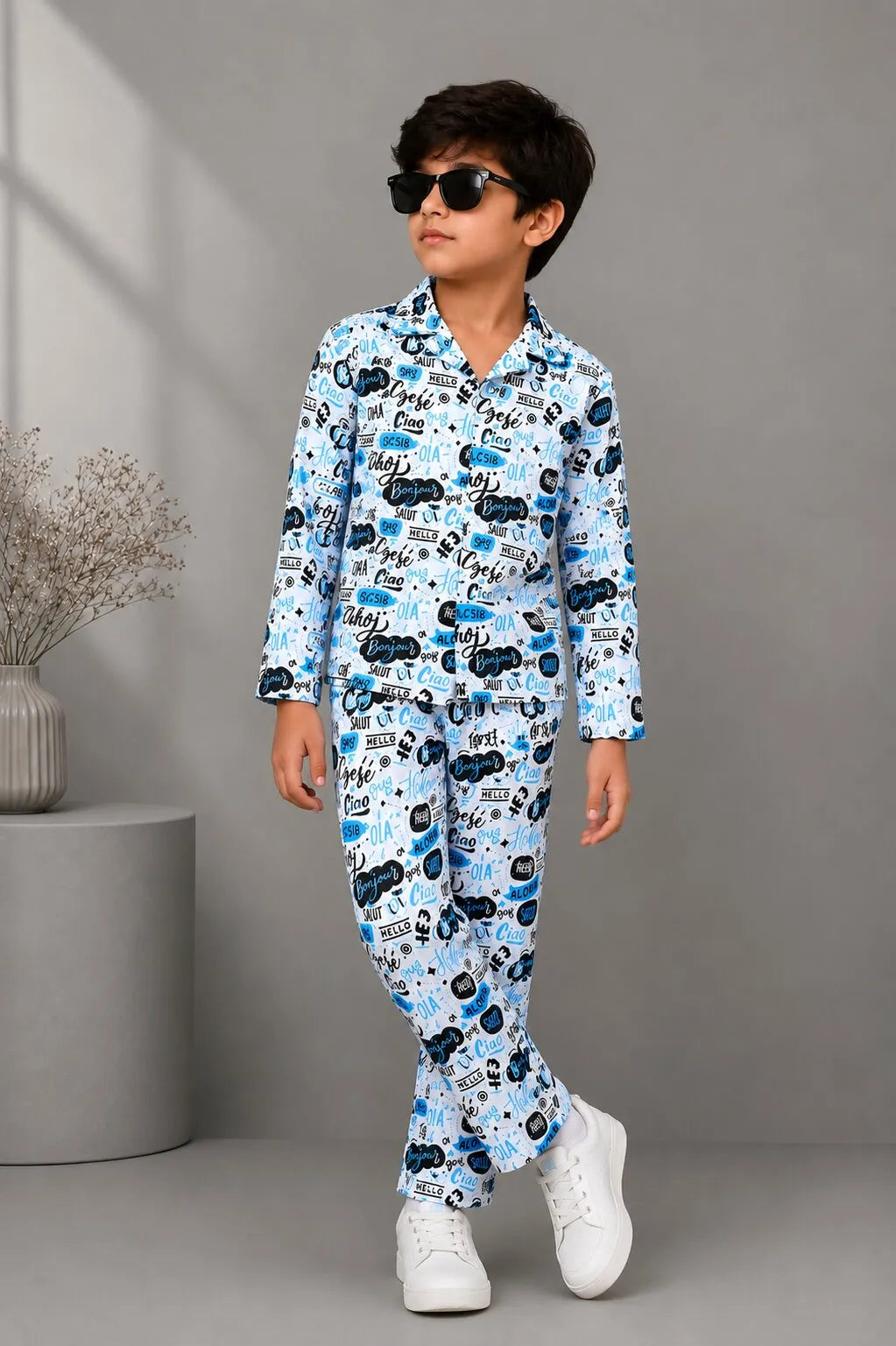 Kids' Satin "Hello" Multilingual Print Night Suit