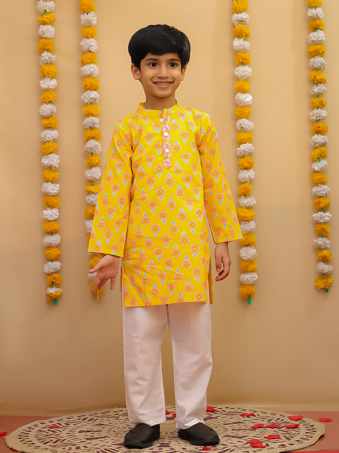 Boys' Yellow Cotton Floral Print Kurta Pajama Set | Traditional Indian Ethnic Wear for Kids | Festive, Wedding & Party Outfit