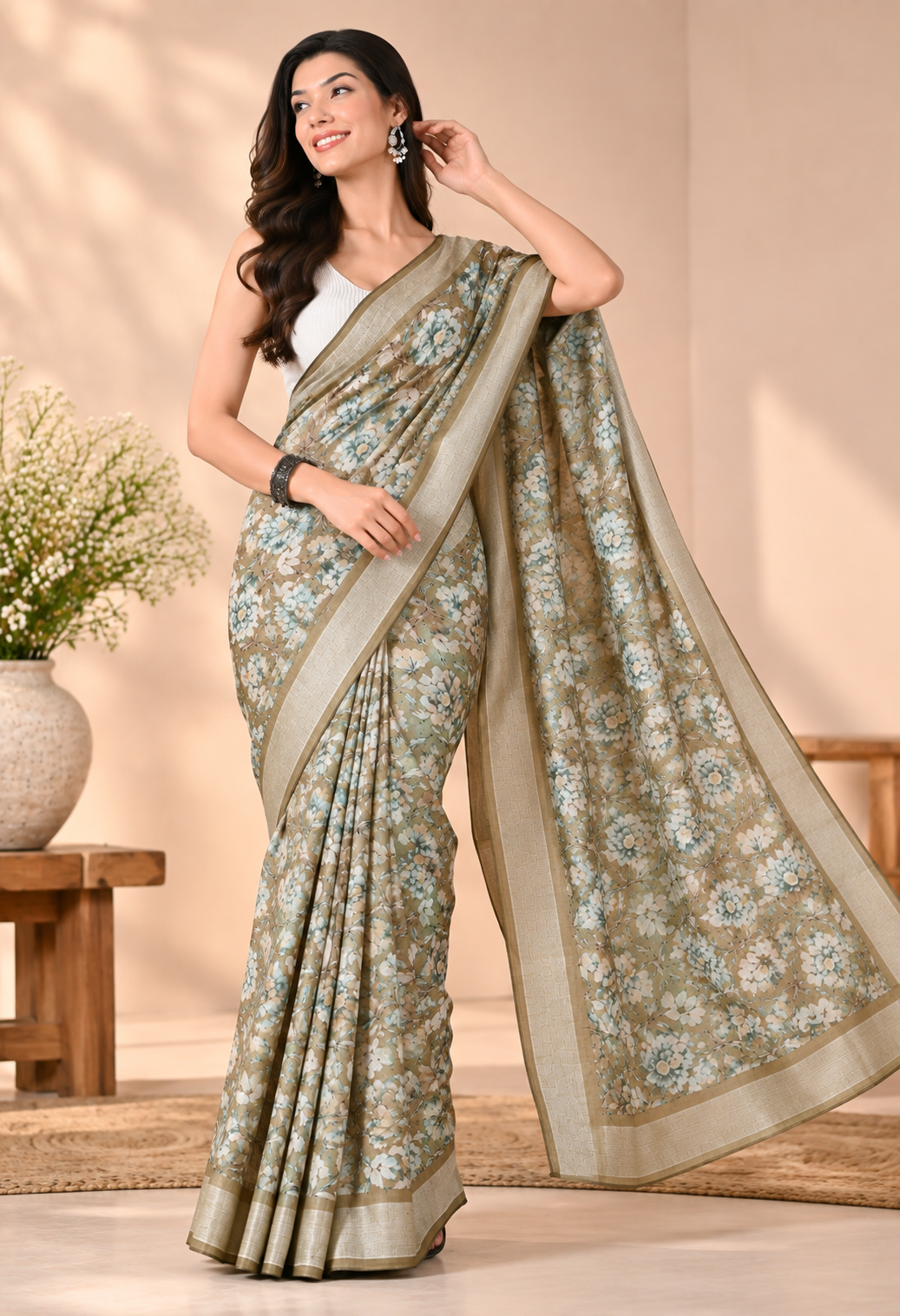Elegant Olive Green Floral Printed Saree with Antique Gold Border