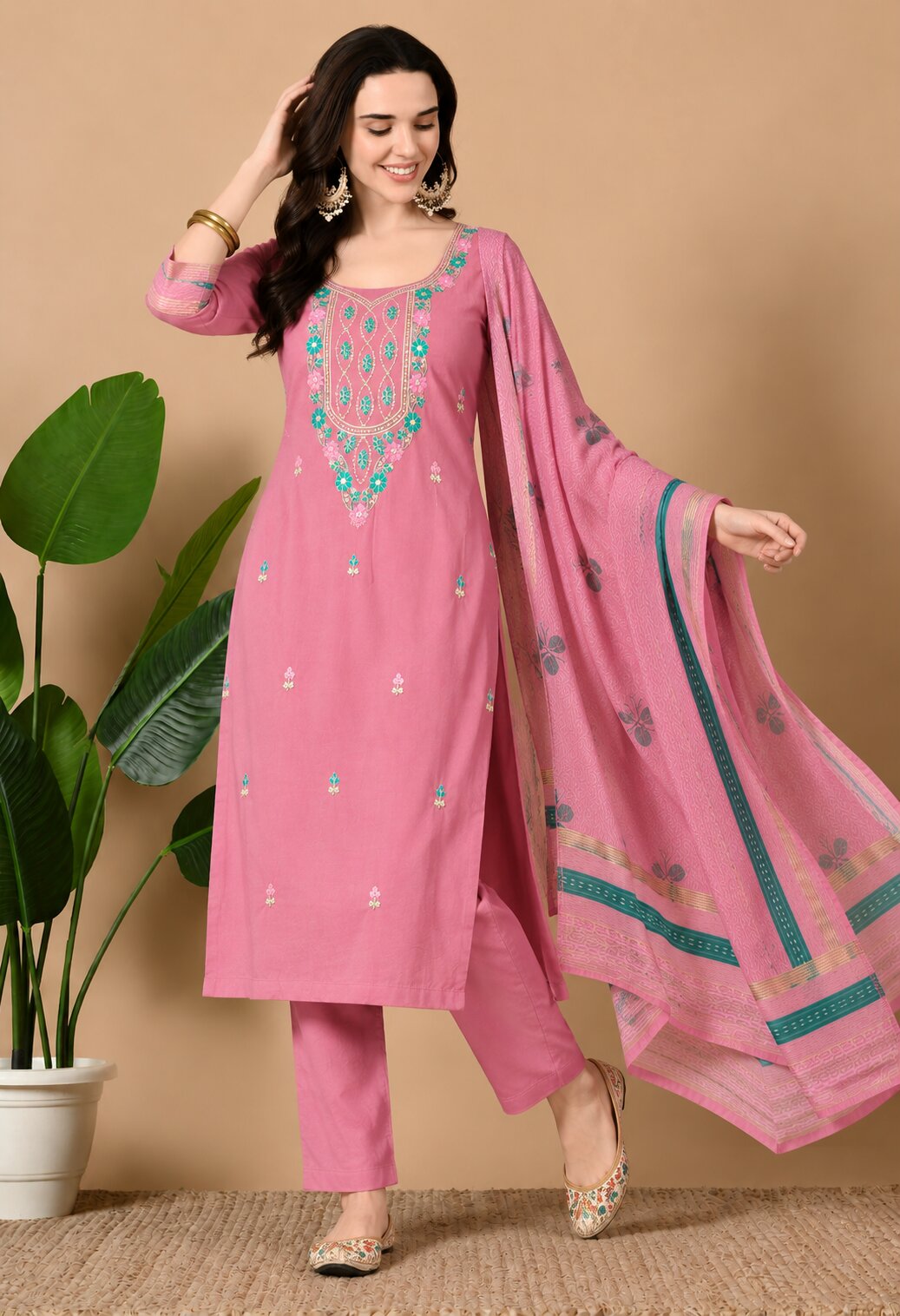 Pink Chanderi Silk Embroidered Suit Set with Organza Dupatta