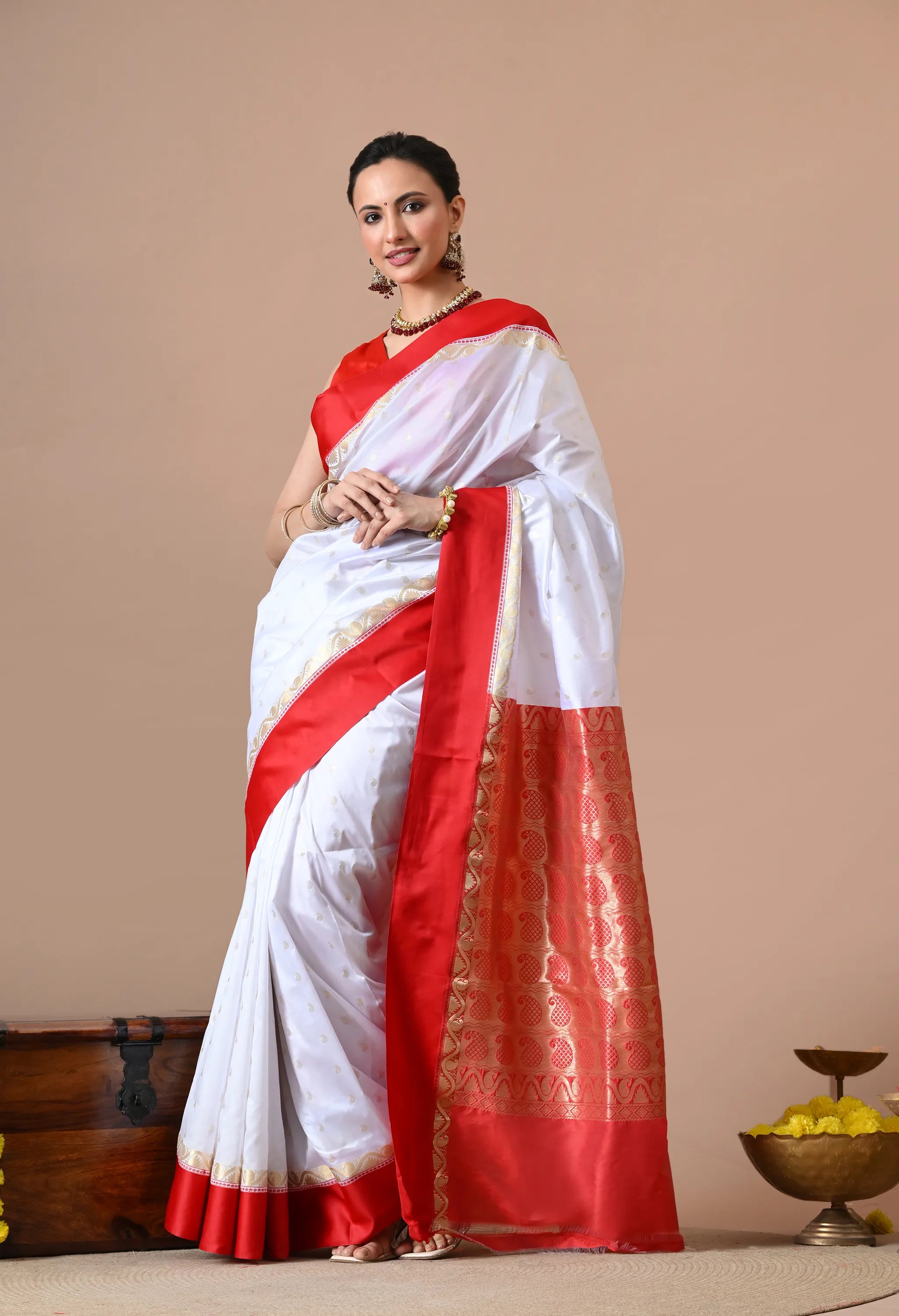 White & Red Woven Design Silk Blend Banarasi Saree