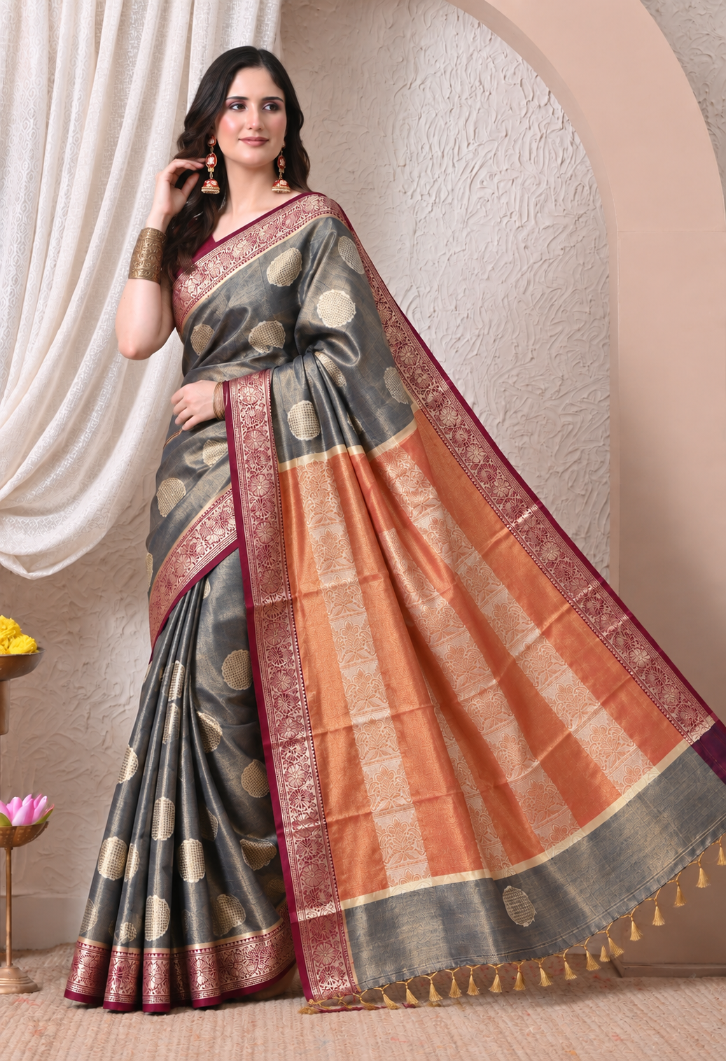 Grey & Maroon Woven Silk Blend Saree with Zari Motifs