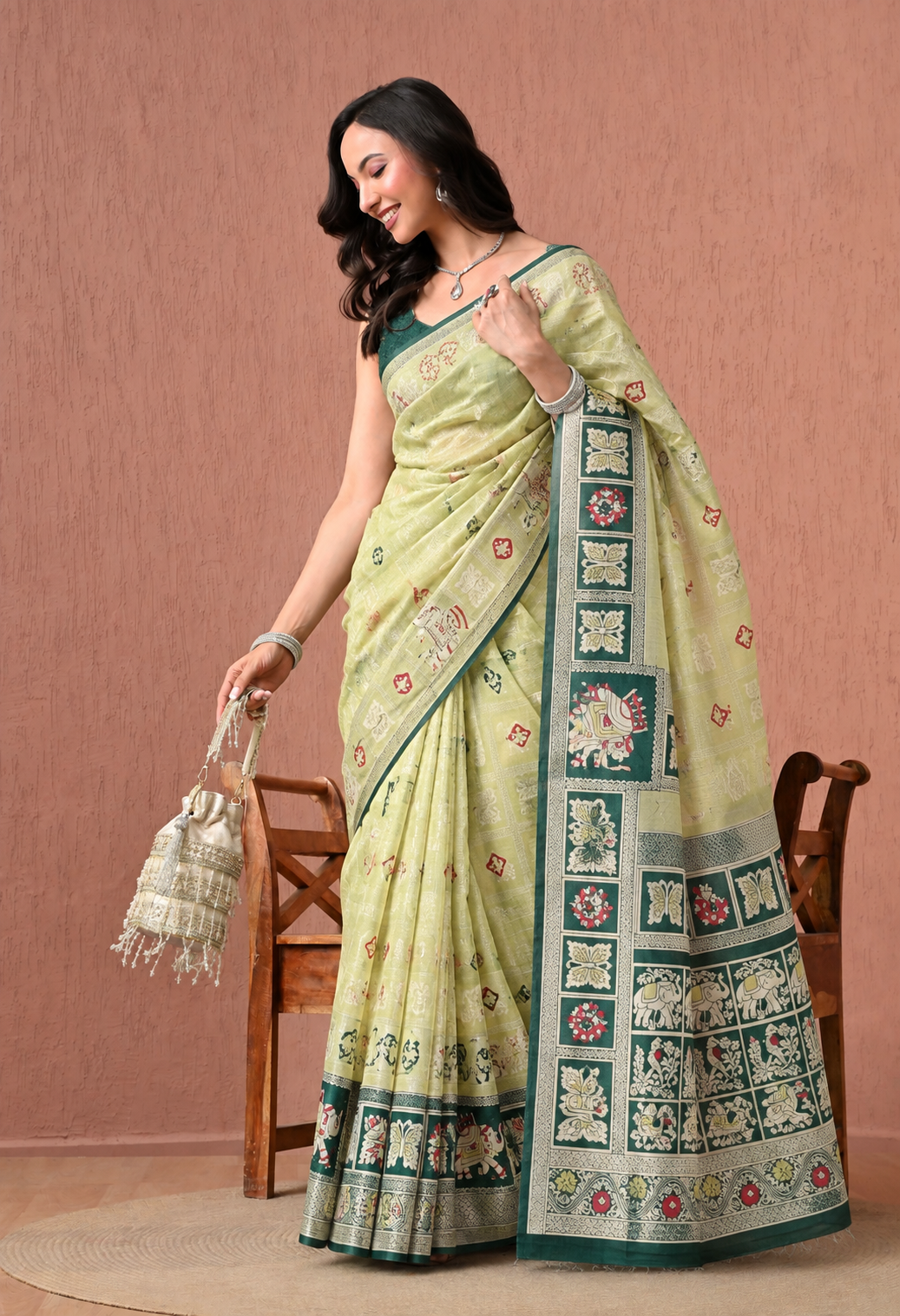 Elegant Lime Green Printed Saree with Teal Traditional Border & Pallu