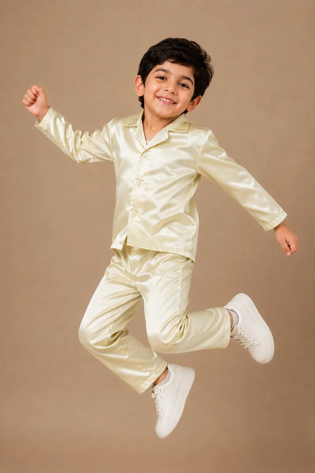 Boys' Luxurious Solid Satin Night Suit – Comfortable Full-Sleeve Button-Down Shirt & Pyjama Set