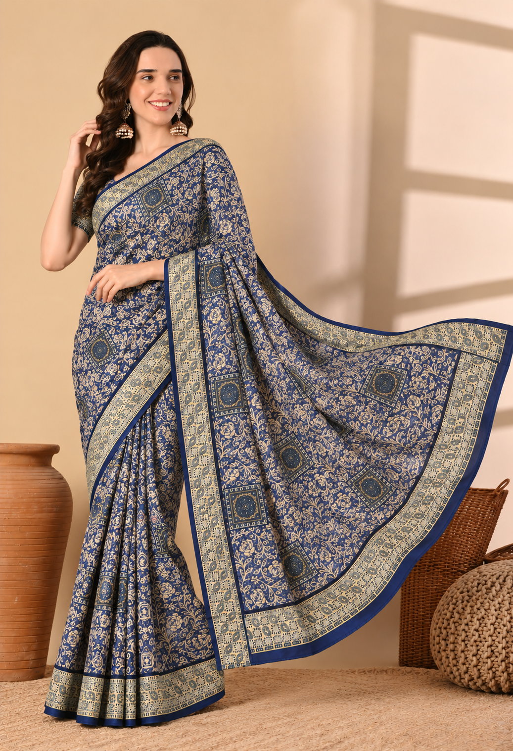 Elegant Navy Blue Chiffon Saree with Intricate Floral Print
