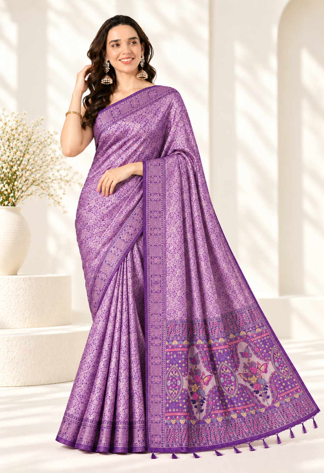Elegant Purple Silk Blend Saree with Traditional Printed Pallu