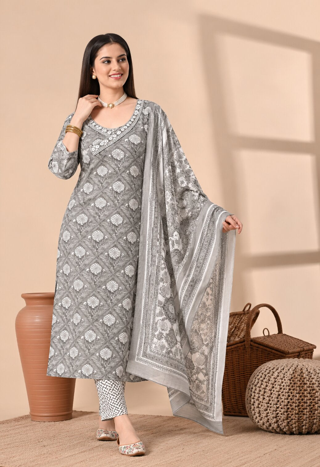 Grey Cotton Printed Suit Set with Cotton Dupatta
