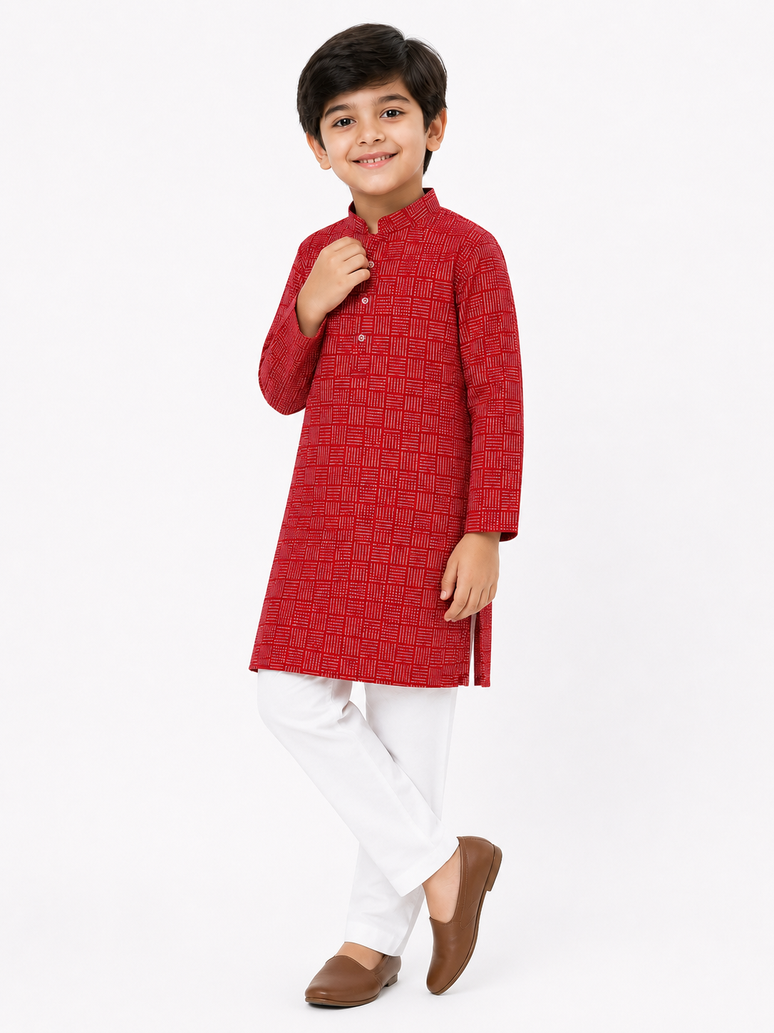 Boys Red & White Geometric Printed Pure Cotton Kurta with Pyjamas