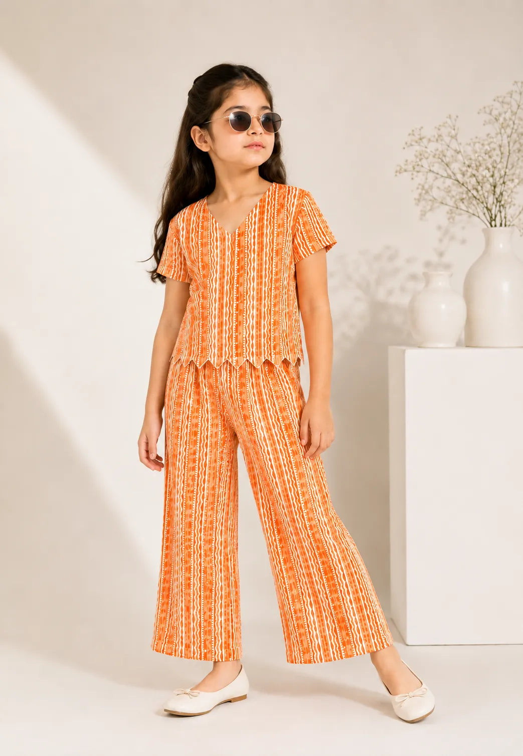 Girls Orange Vertical Printed Co-ord Set  Scallop Hem V-Neck Top & Wide-Leg Trousers