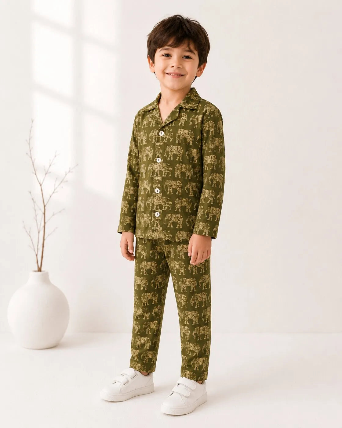 Kids Olive Green & Beige Elephant Print Cotton Lounge Set