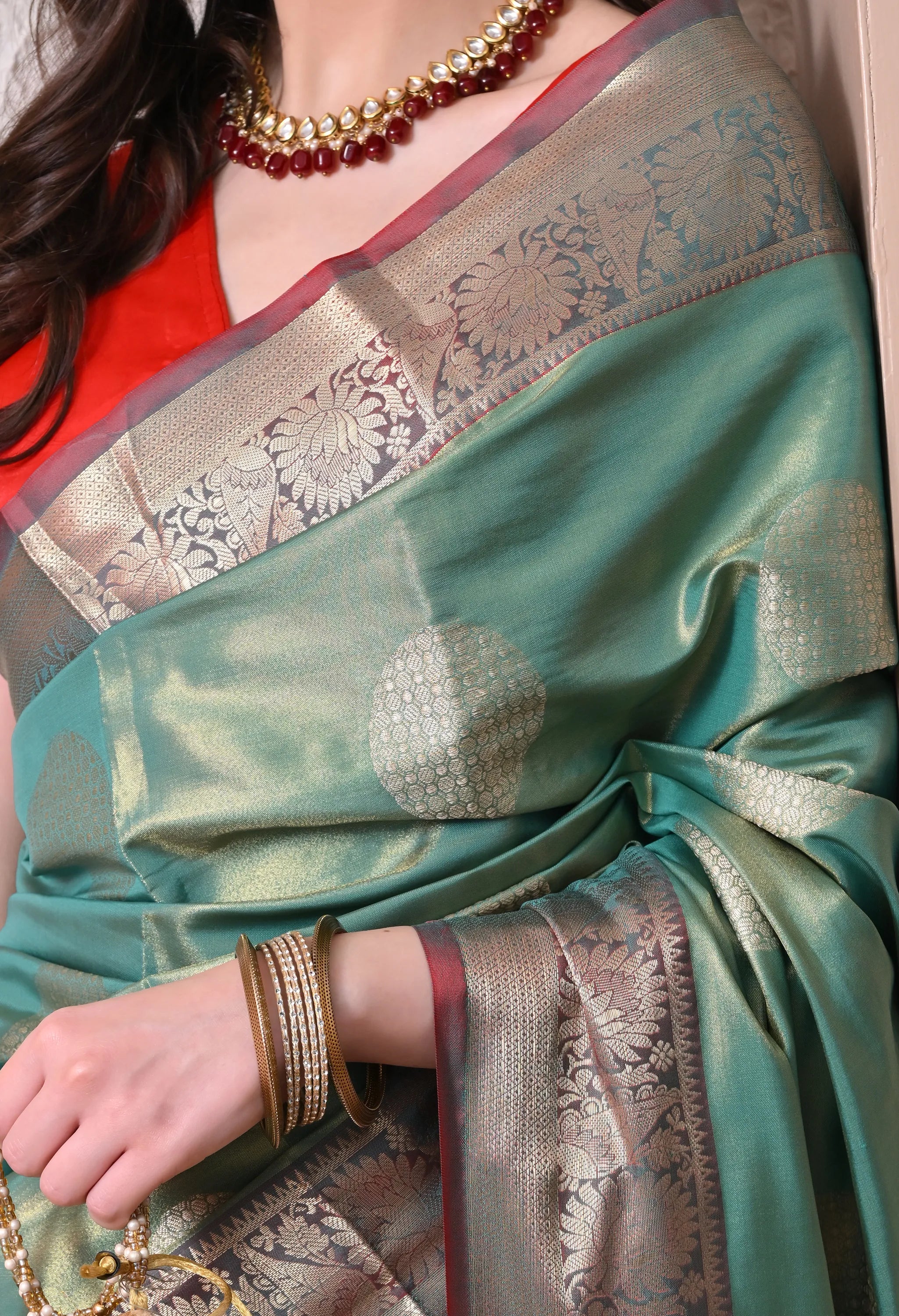 Silk Blend Saree in Seafoam Green & Coral Red