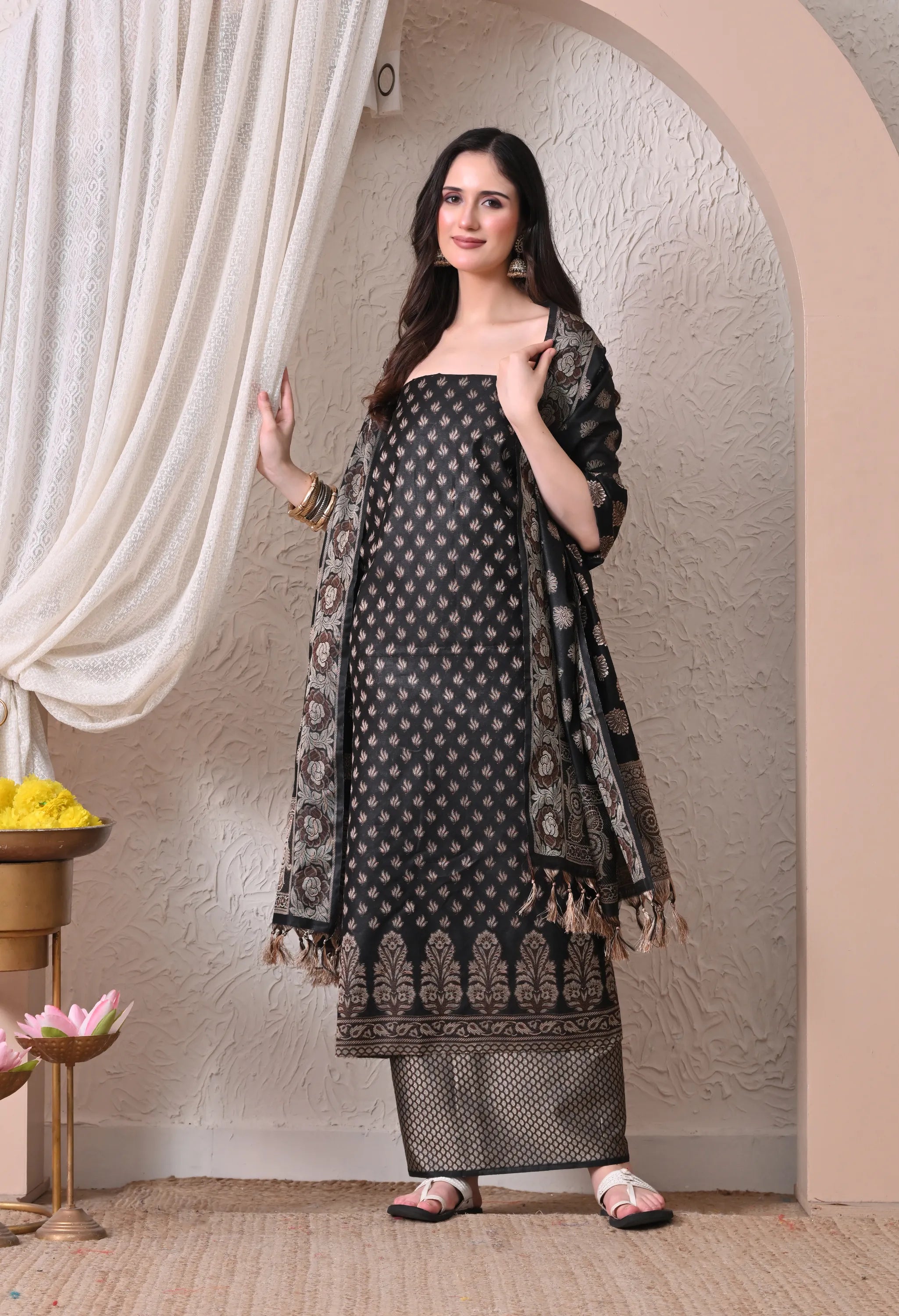 Elegant Black and Gold Woven Silk Unstitched Salwar Suit Material with Banarasi Style Dupatta