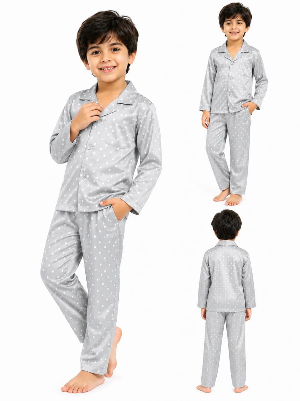 Kids Boys Grey Polka Dot Printed Satin Nightsuit Set