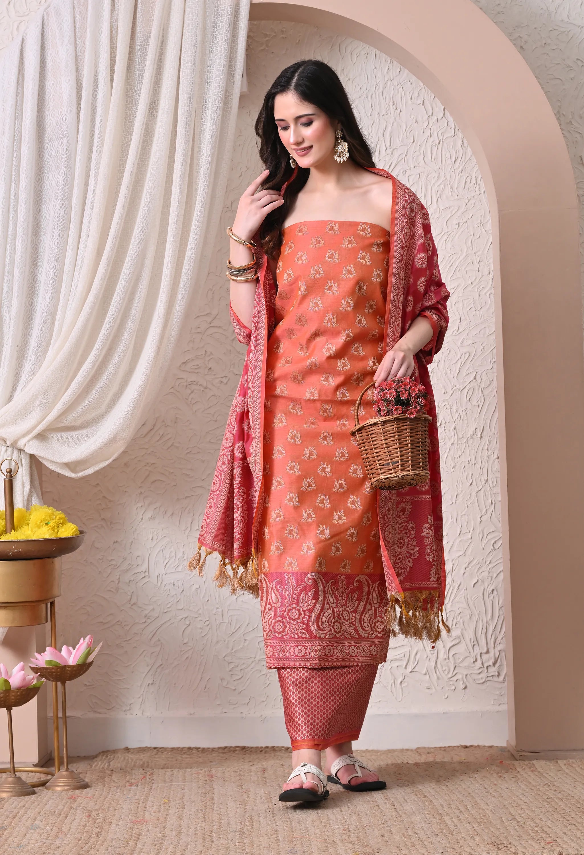 Elegant Peach and Magenta Woven Silk Unstitched Salwar Suit Material with Banarasi Style Dupatta