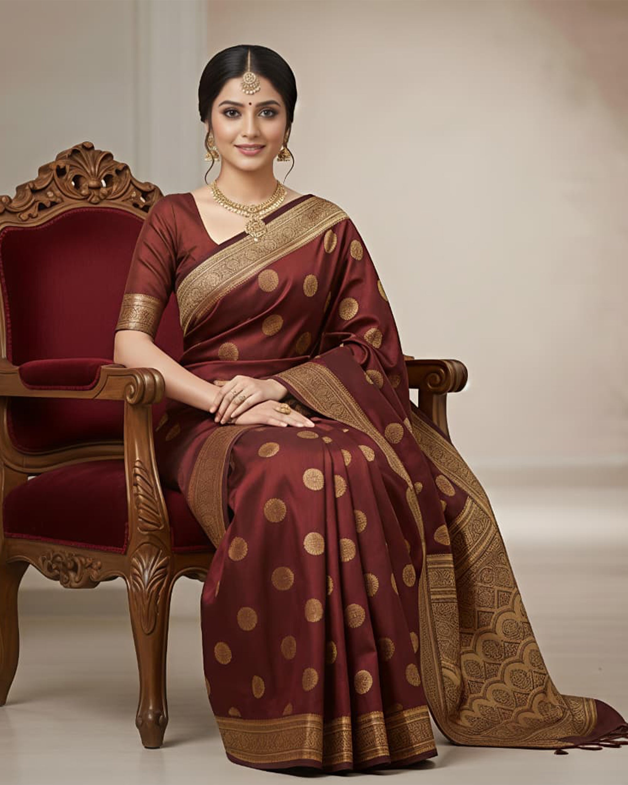 Maroon & Gold-Toned Art Silk Kanjeevaram Style Saree with Blouse Piece