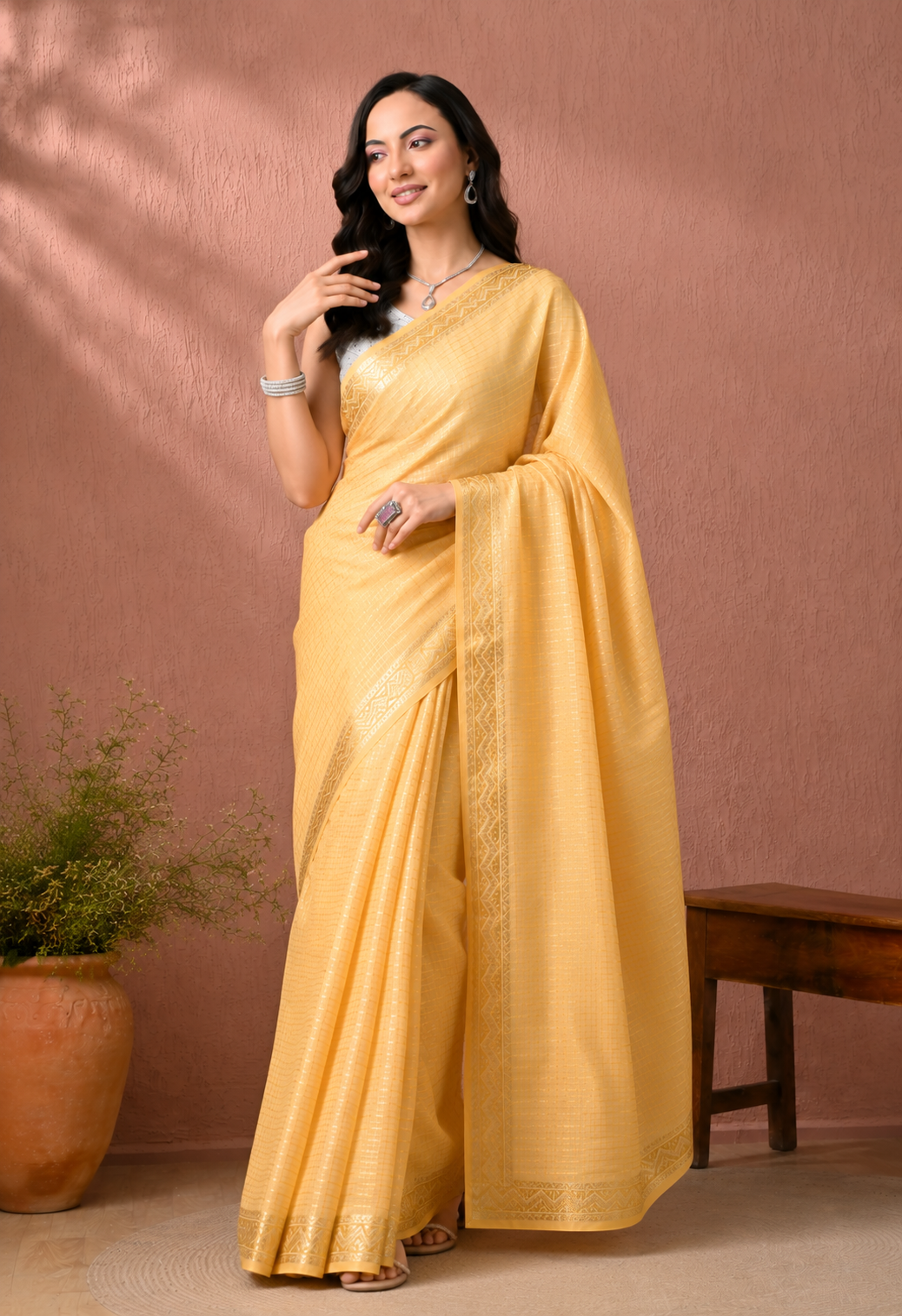 Mustard Yellow Cotton Saree with Woven Border