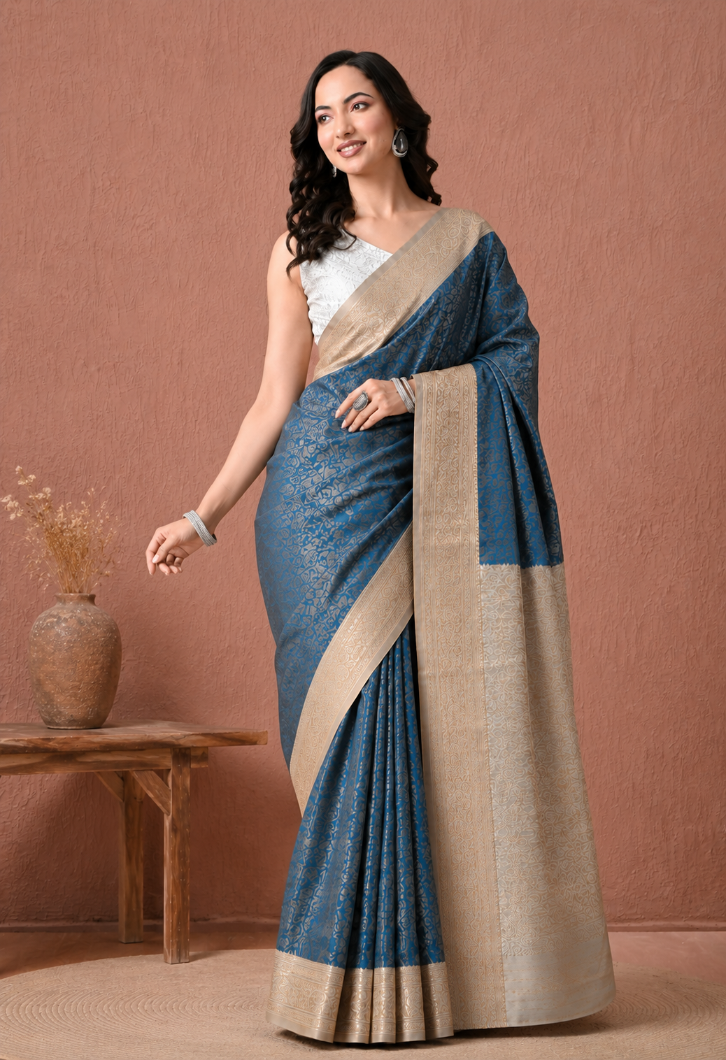 Teal Blue Art Silk Woven Saree with Gold-Tone Floral Motifs & Zari Border