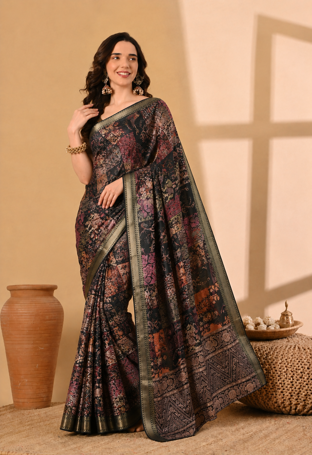 Women Black Printed Georgette Saree with Ethnic Kalamkari-Inspired Motifs
