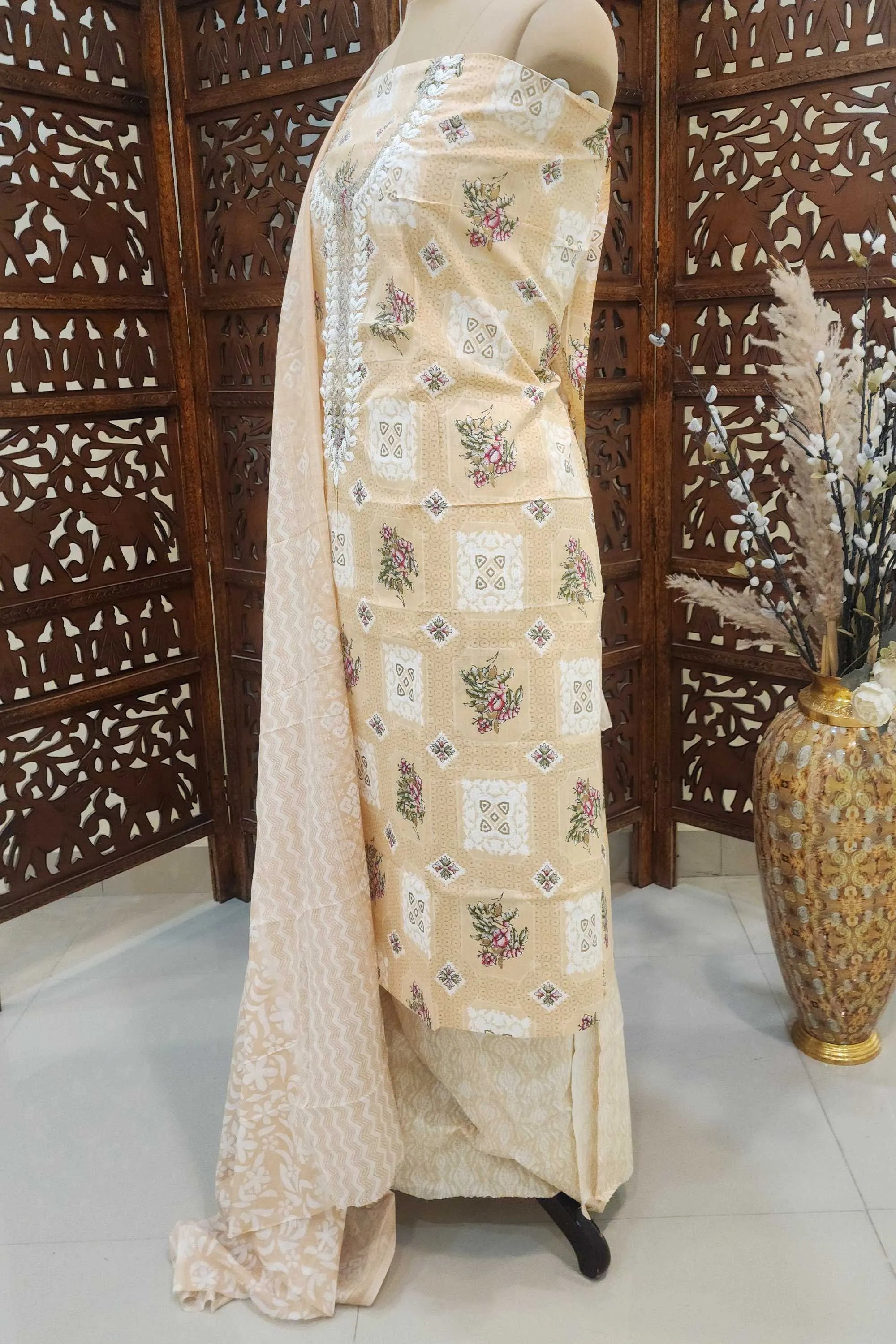 Women Peach-Coloured Floral Embroidered Pure Cotton Unstitched Dress Material