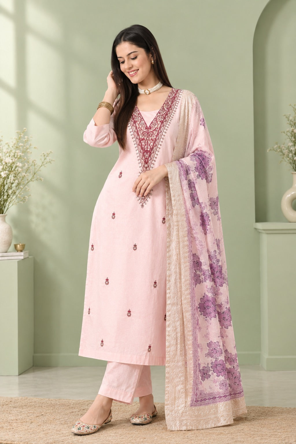 Pink Chanderi Silk Embroidered Suit Set with Organza Dupatta