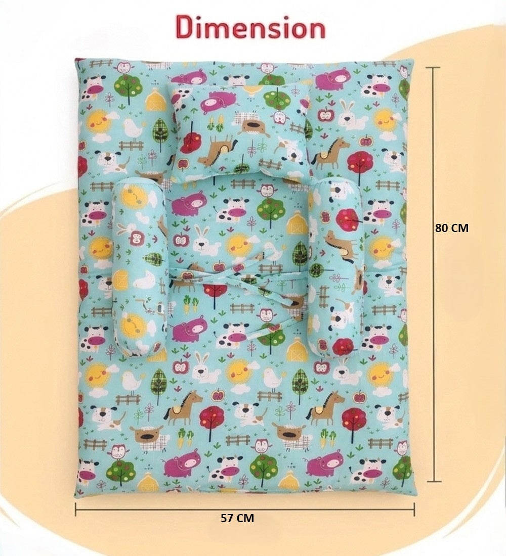 Unisex Infants Green & White Printed 3-in-1 Bedding Combo – Carry Nest, Mattress with Net & Gadda Set