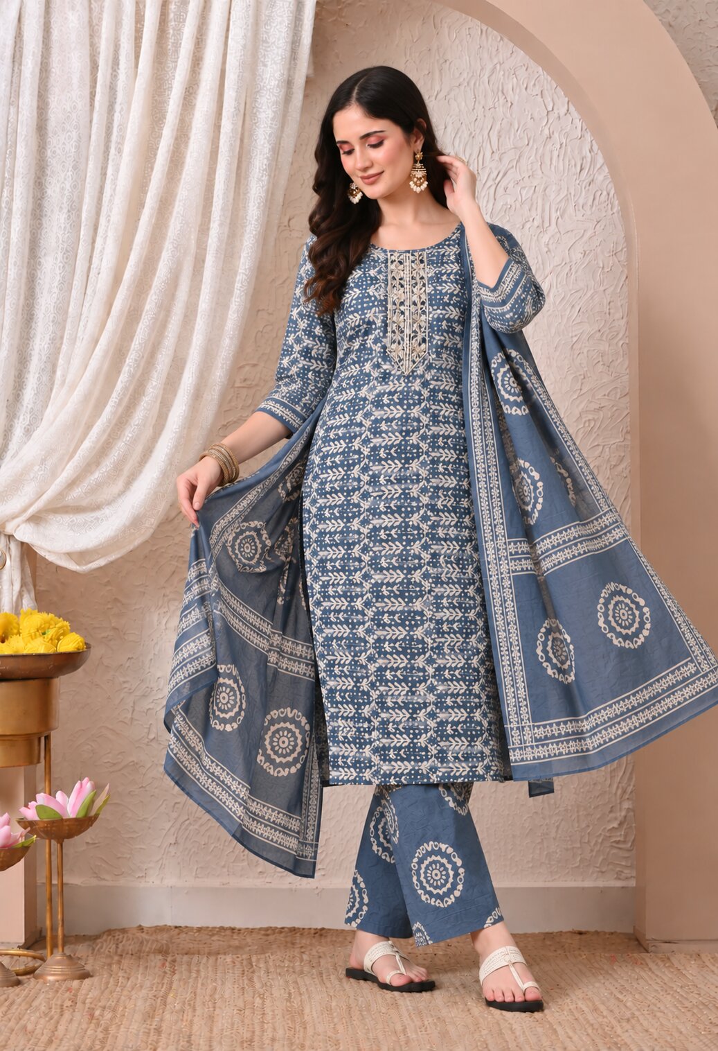 Blue Printed Cotton Suit Set with Matching Cotton Dupatta