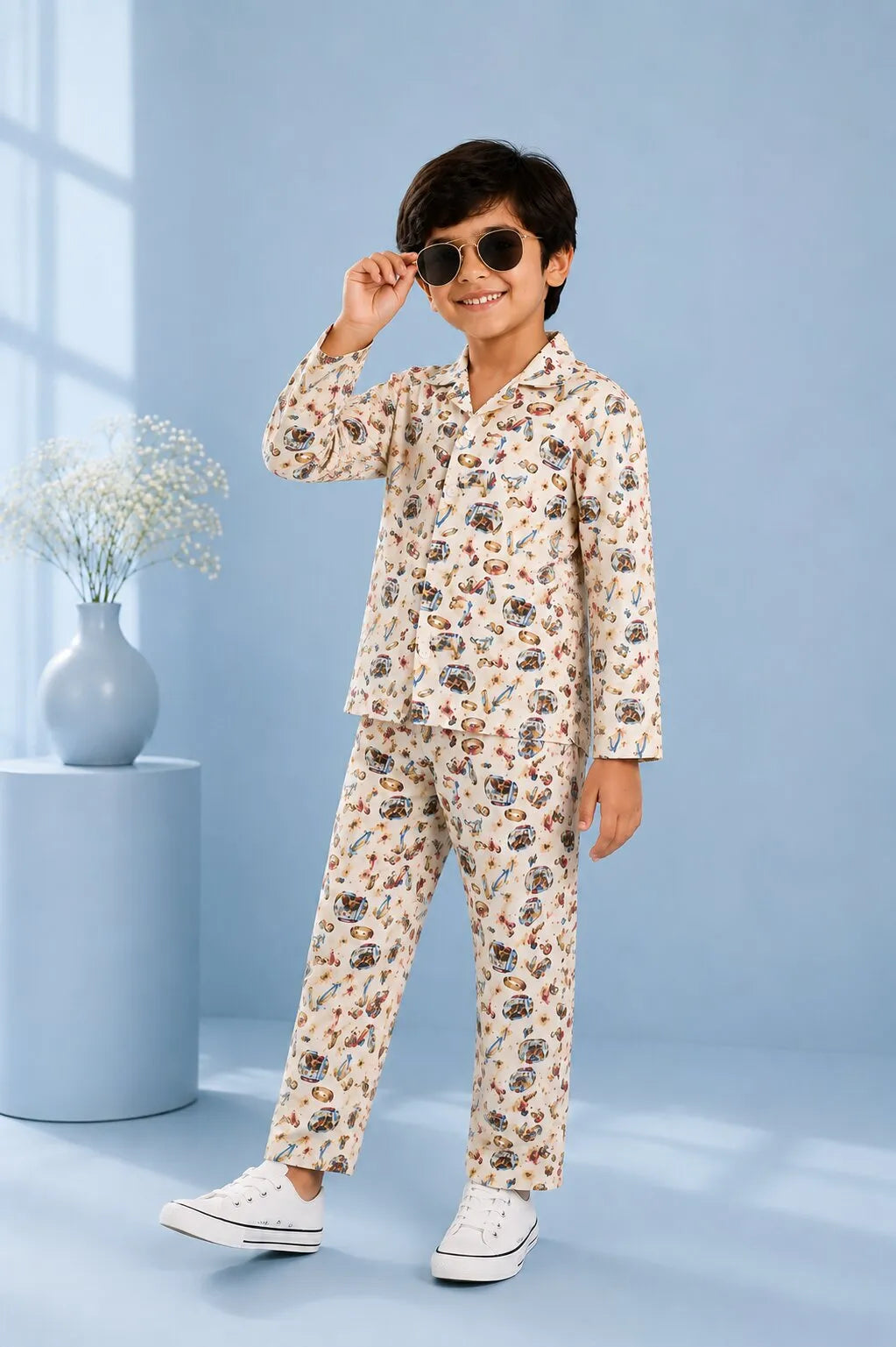 Tropical Surf & Camper Print Cotton Night Suit