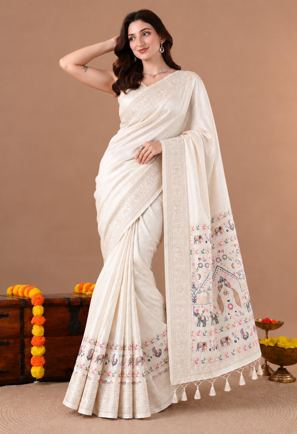 Elegant Ivory Silk Blend Saree with Printed Pallu and Tassel Detailing