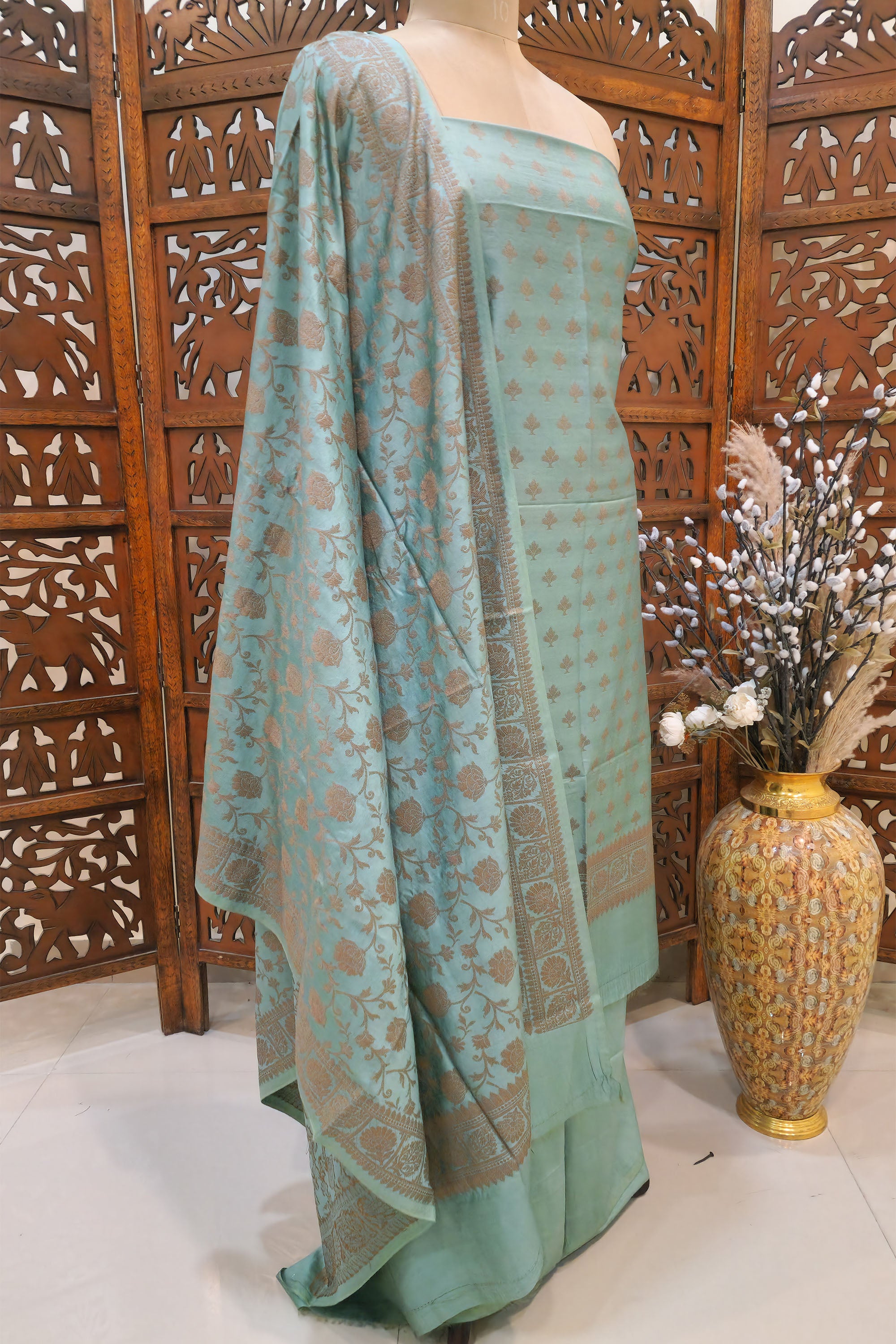 Women Sea Green & Copper-Toned Silk Blend Unstitched Dress Material with Banarasi Weaving