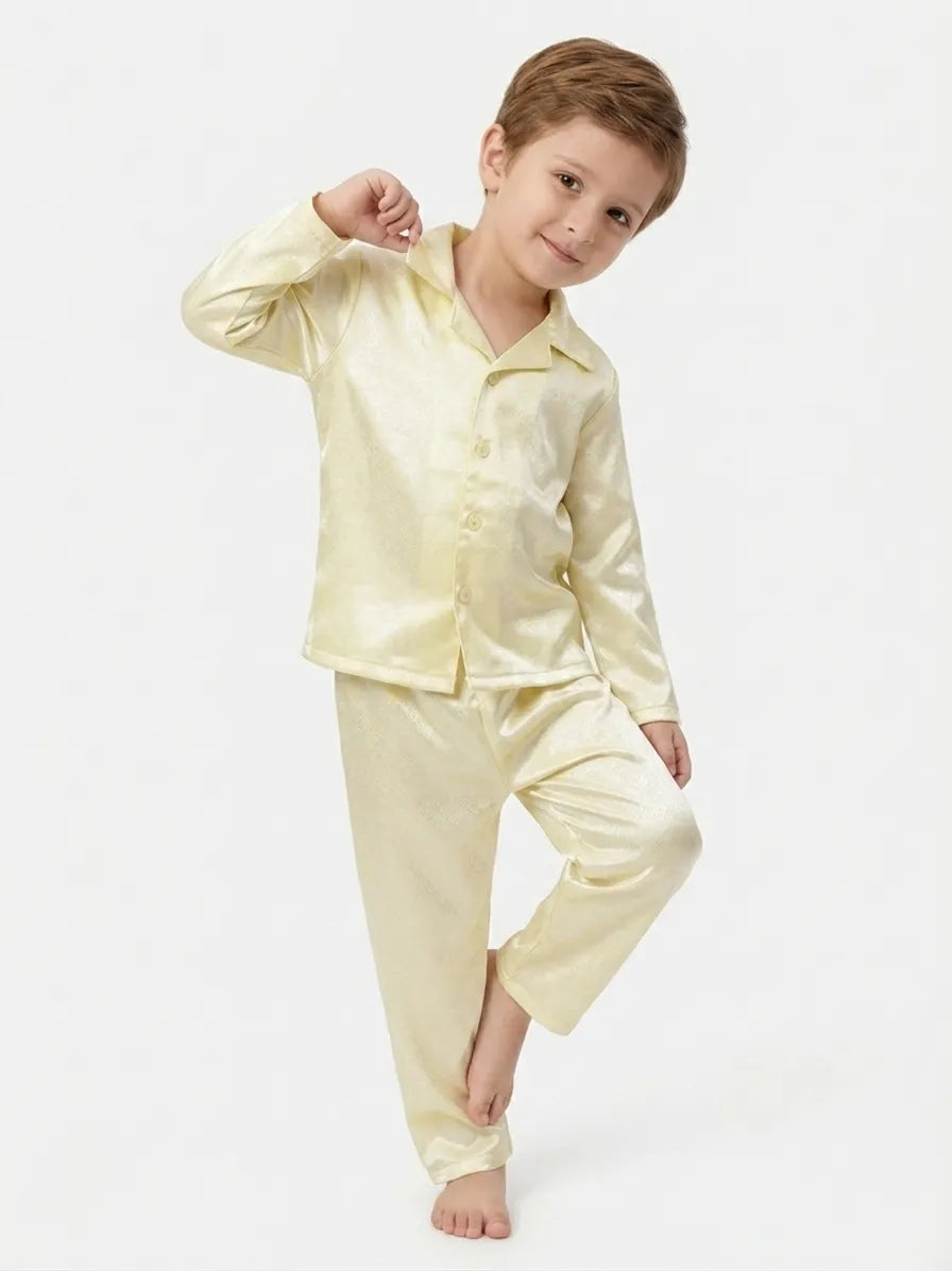 Boys' Luxurious Solid Satin Night Suit – Comfortable Full-Sleeve Button-Down Shirt & Pyjama Set