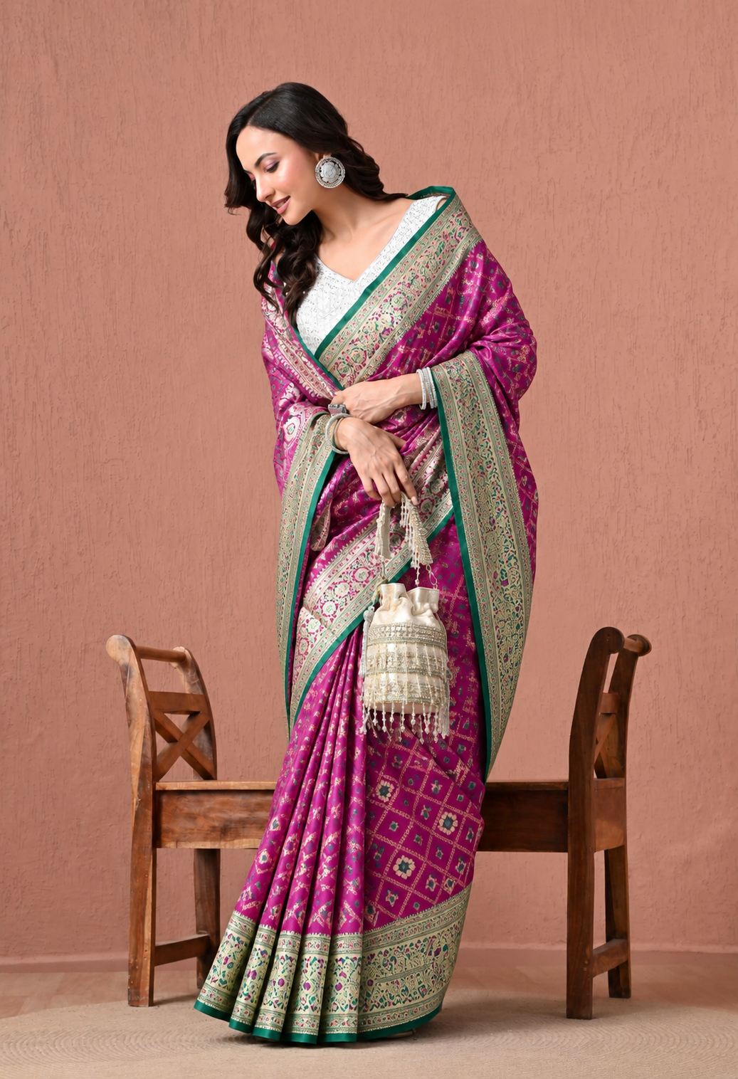 Elegant Magenta Printed Saree with Green Traditional Border & Pallu