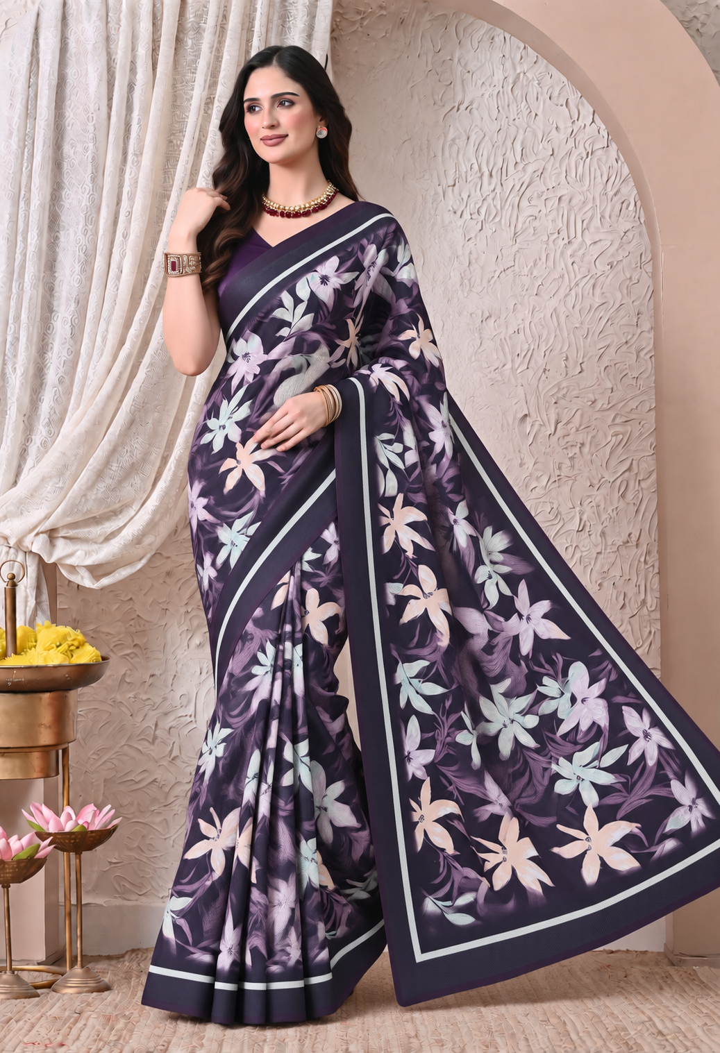 Elegant Purple Chiffon Saree with Floral Print and Designer Border