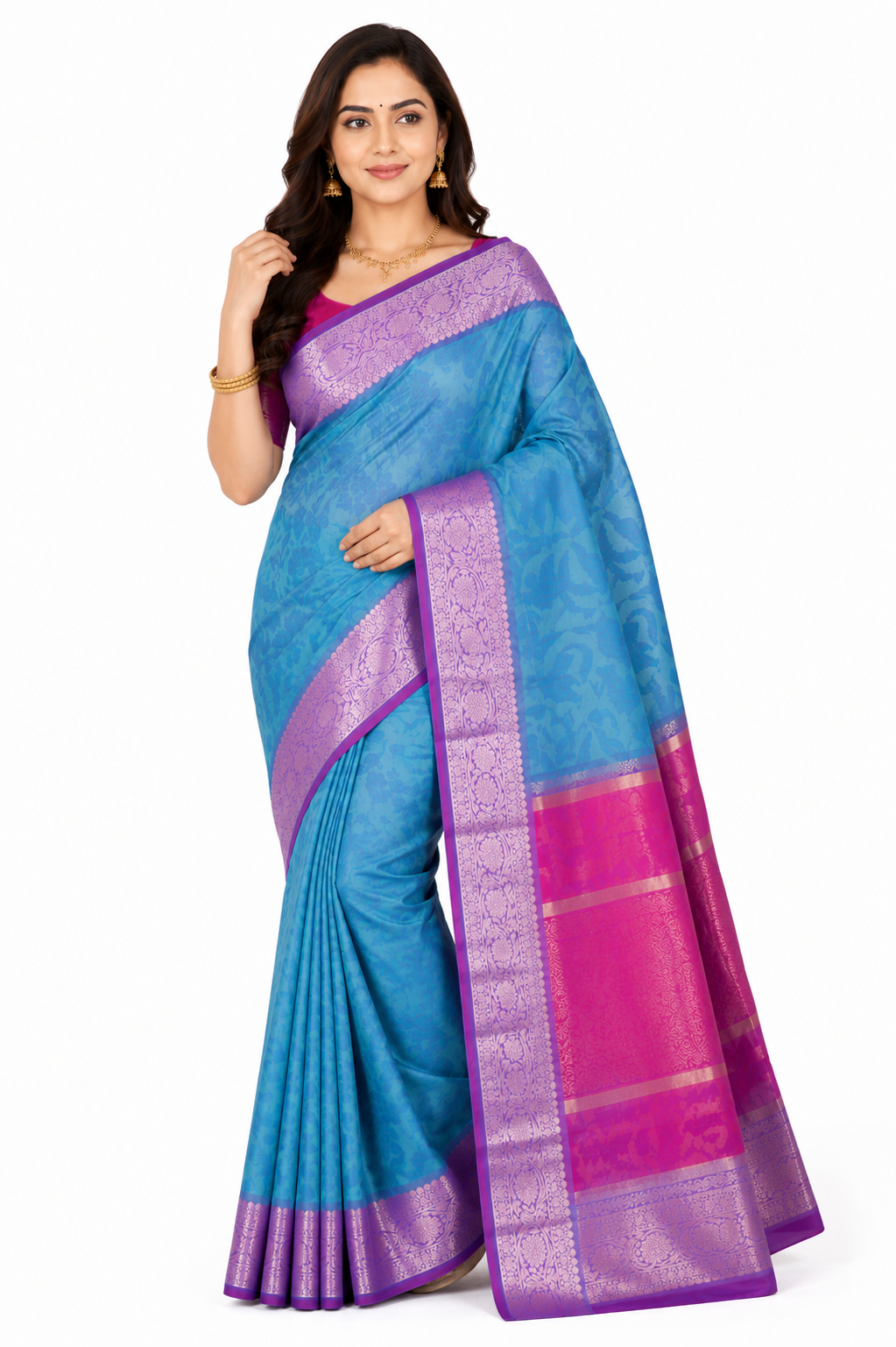 Women Blue & Grey Floral Printed Art Silk Saree with Zari Border