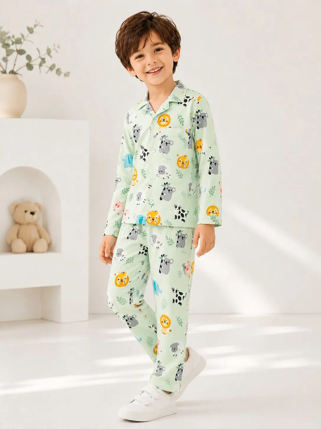 Kids Mint Green Animal Print Satin Night suit Set