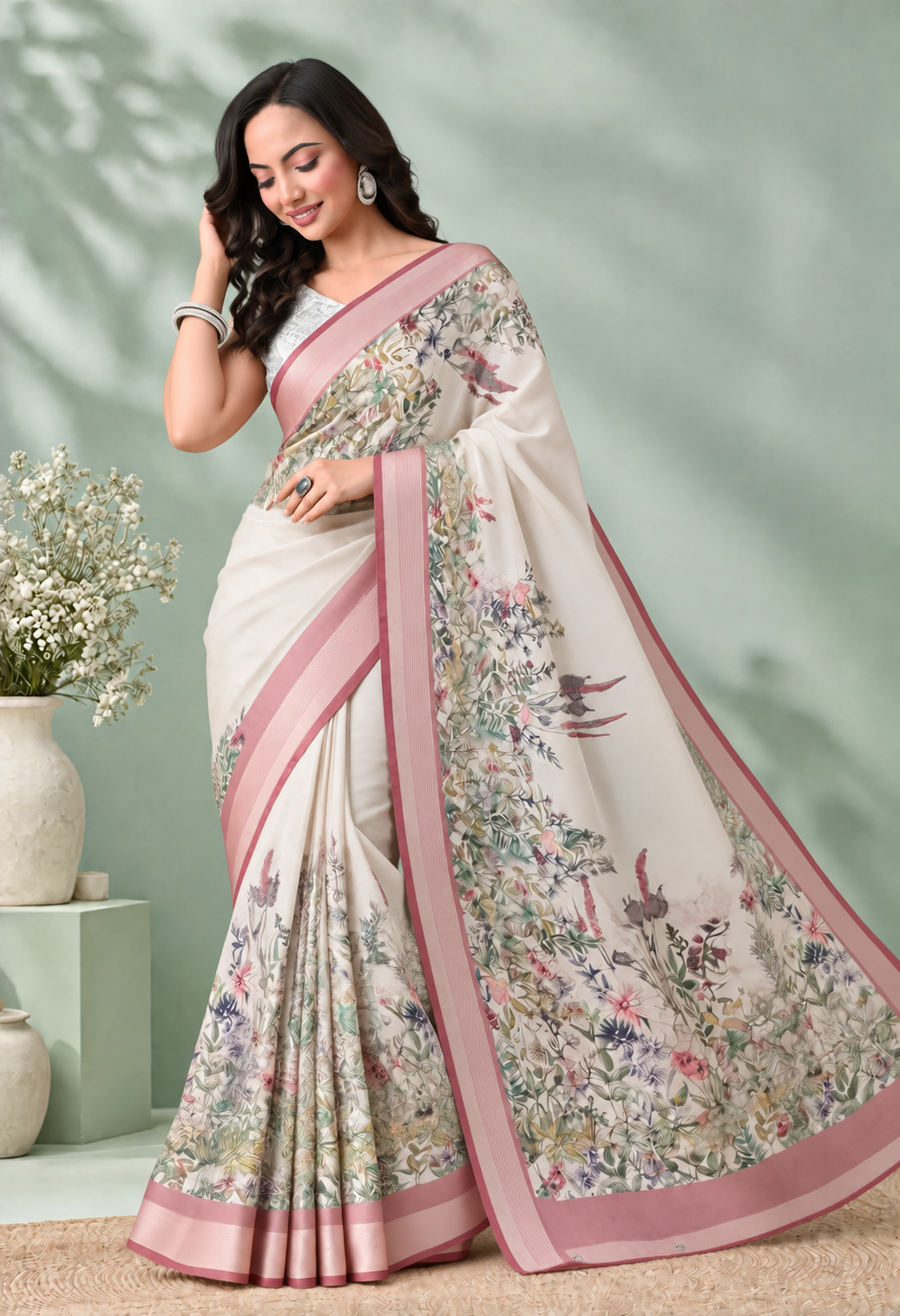 Elegant Ivory Floral Printed Saree with Blush Pink Border & Pallu
