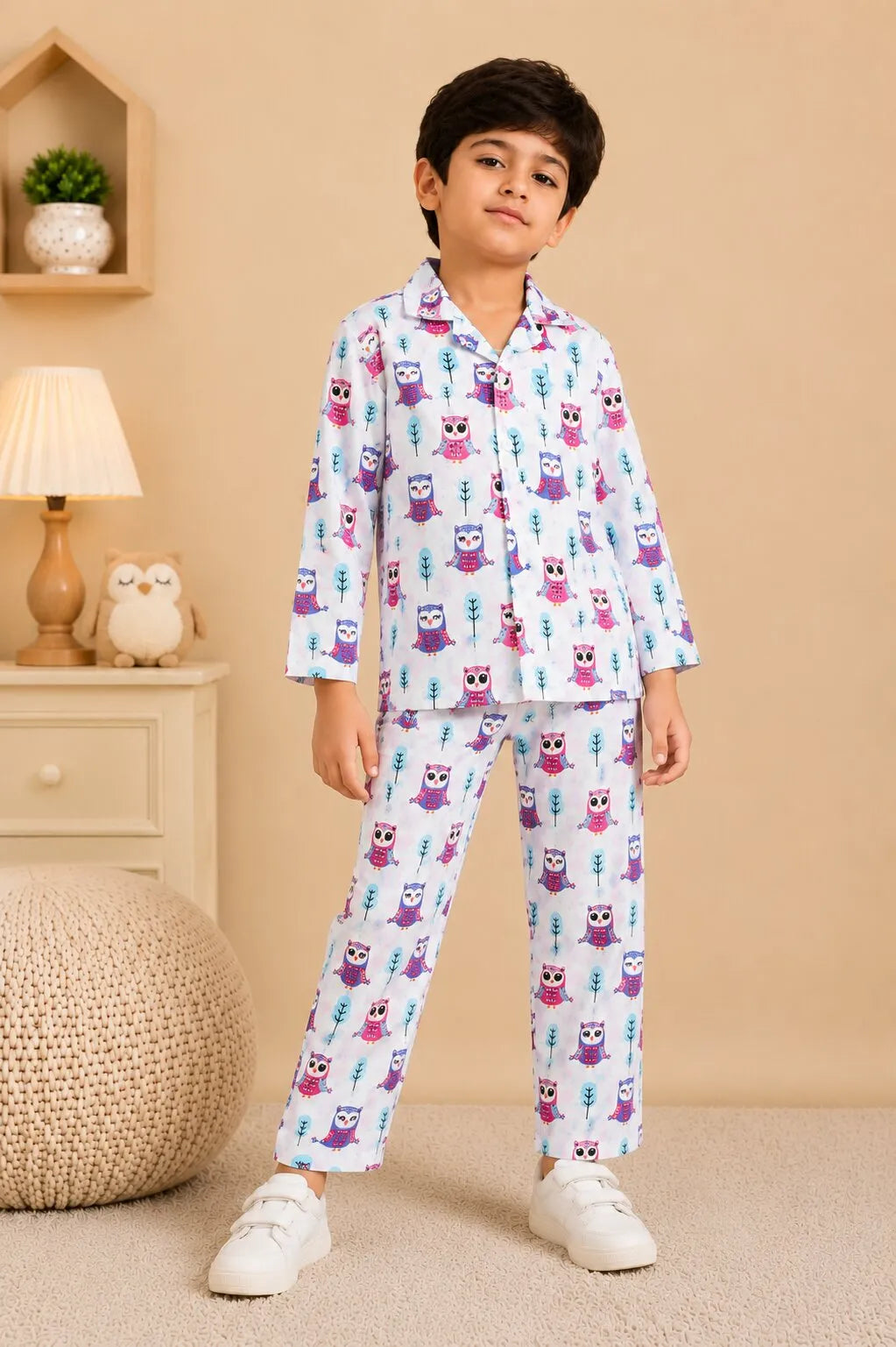 Kids' White & Purple Owl Print Pure Cotton Night Suit