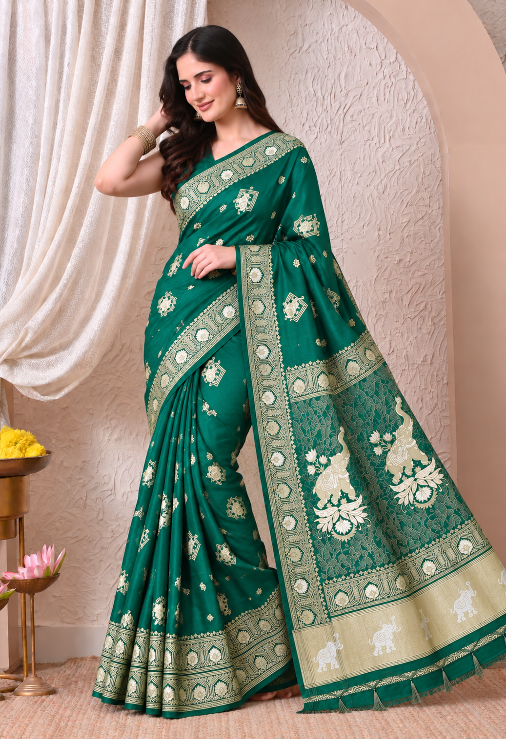 Elegant Bottle Green Silk Blend Saree with Traditional Floral Zari Work