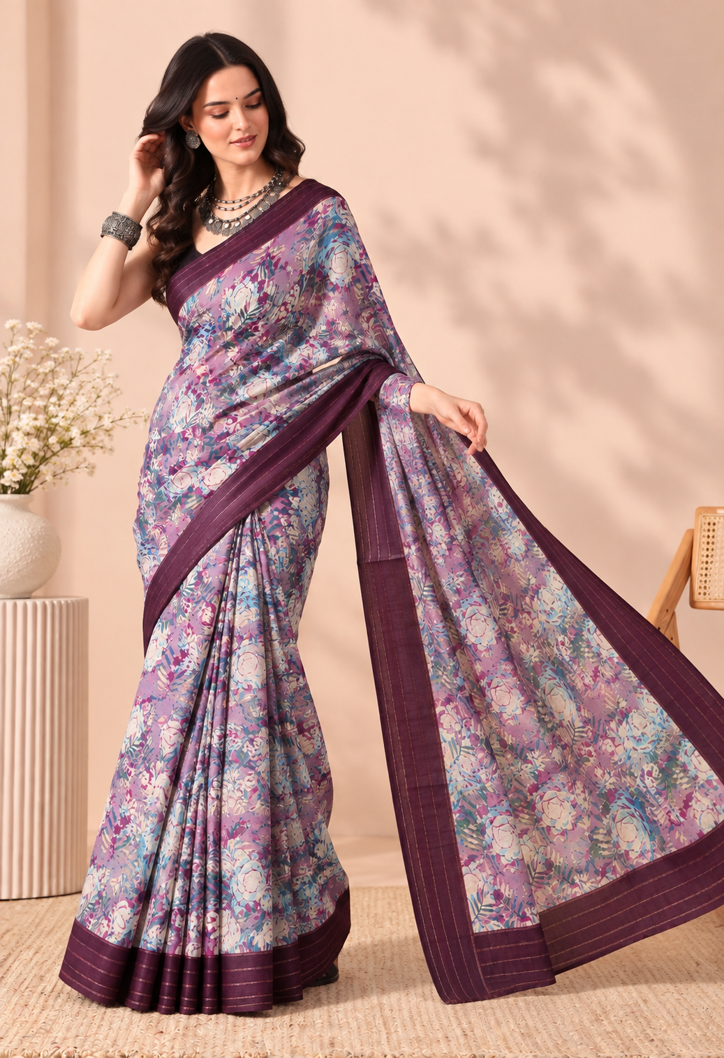 Elegant Multicolour Floral Printed Saree with Rich Wine Border