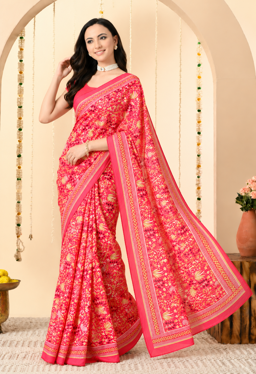 Elegant Red Georgette Saree with Intricate Floral Print
