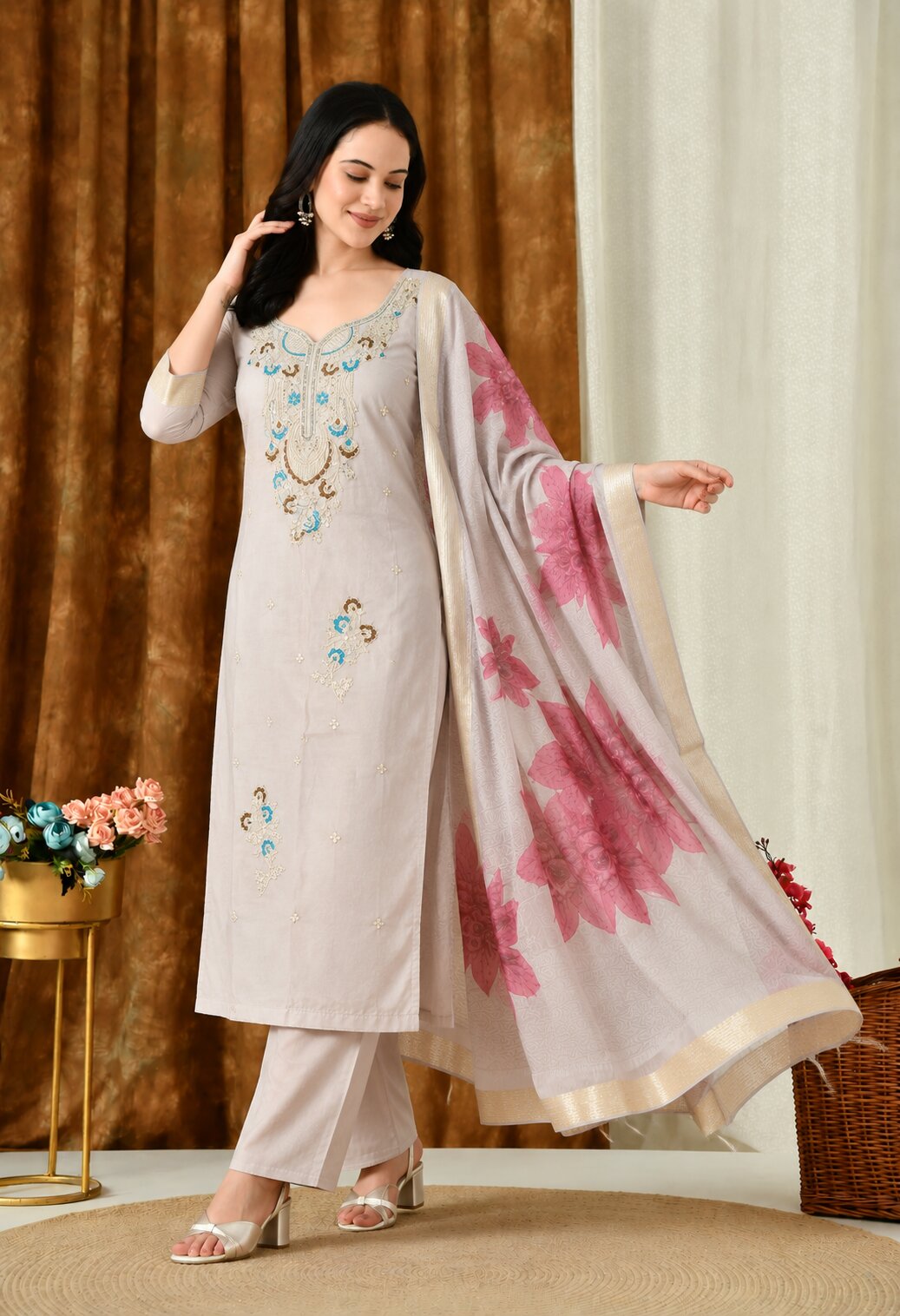 Chanderi Silk Embroidered Suit Set with Organza Dupatta